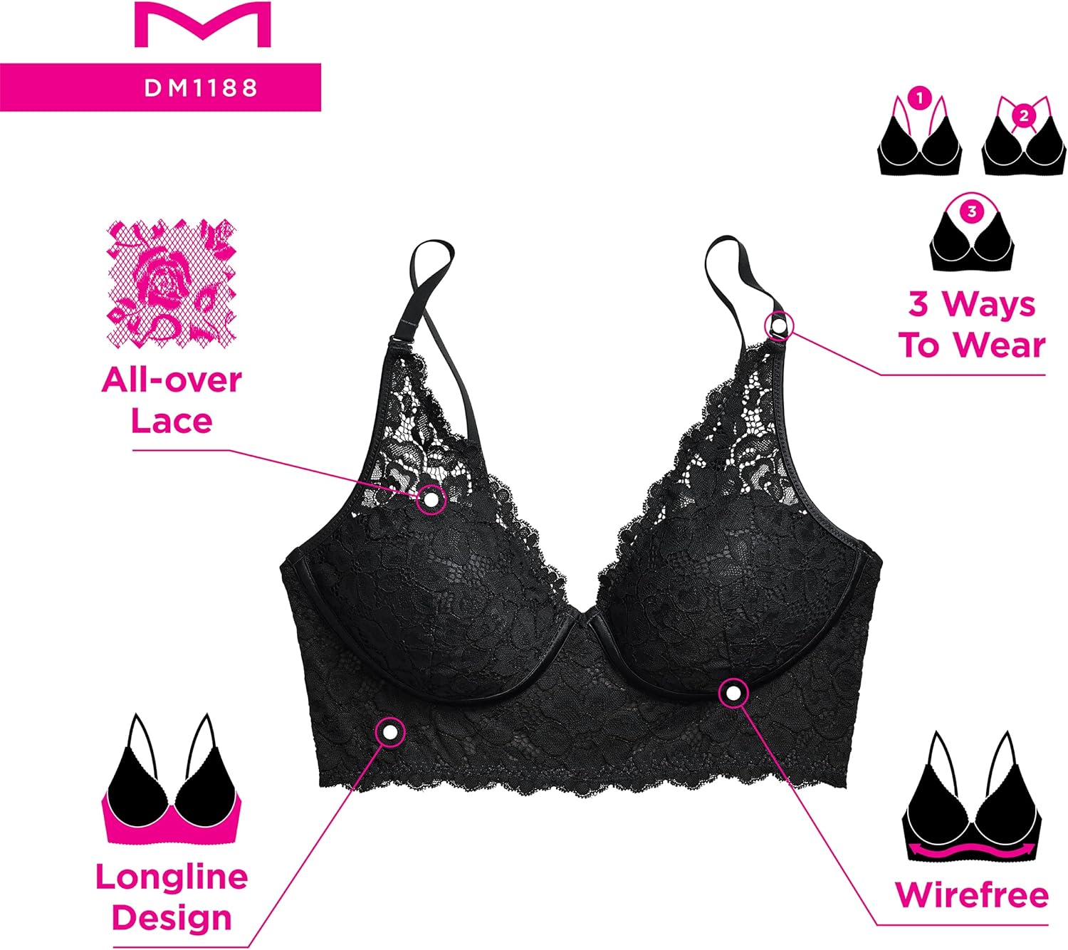 Maidenform Women's Lace Bralette, Padded Longline Bralettes, Convertible Wireless Bras for Women (Plus - Image 6