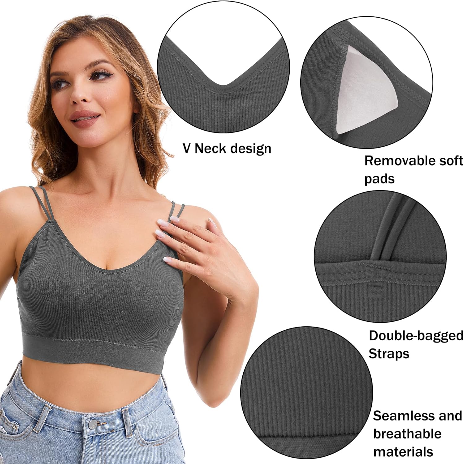 BQTQ 6 Pcs V Neck Bralettes for Women Padded Bralette with Straps Seamless Bra - Image 3