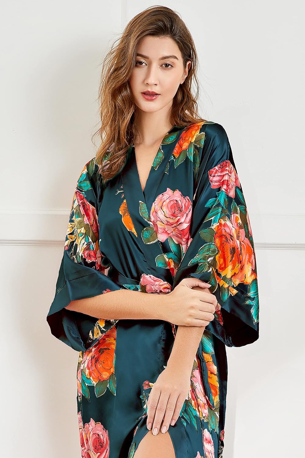 BABEYOND Women's Kimono Robe Long Satin Silky Floral Lightweight Bridesmaid Wedding Bachelorette Party Robe - Image 3