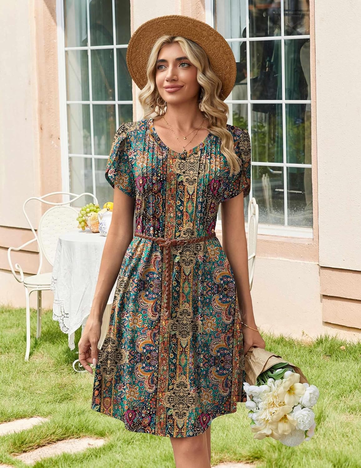 Zeagoo Summer Dresses for Women Casual A Line Dress 2026 V Neck Short Dresses Floral Sundress Pleated Boho Dress - Image 4