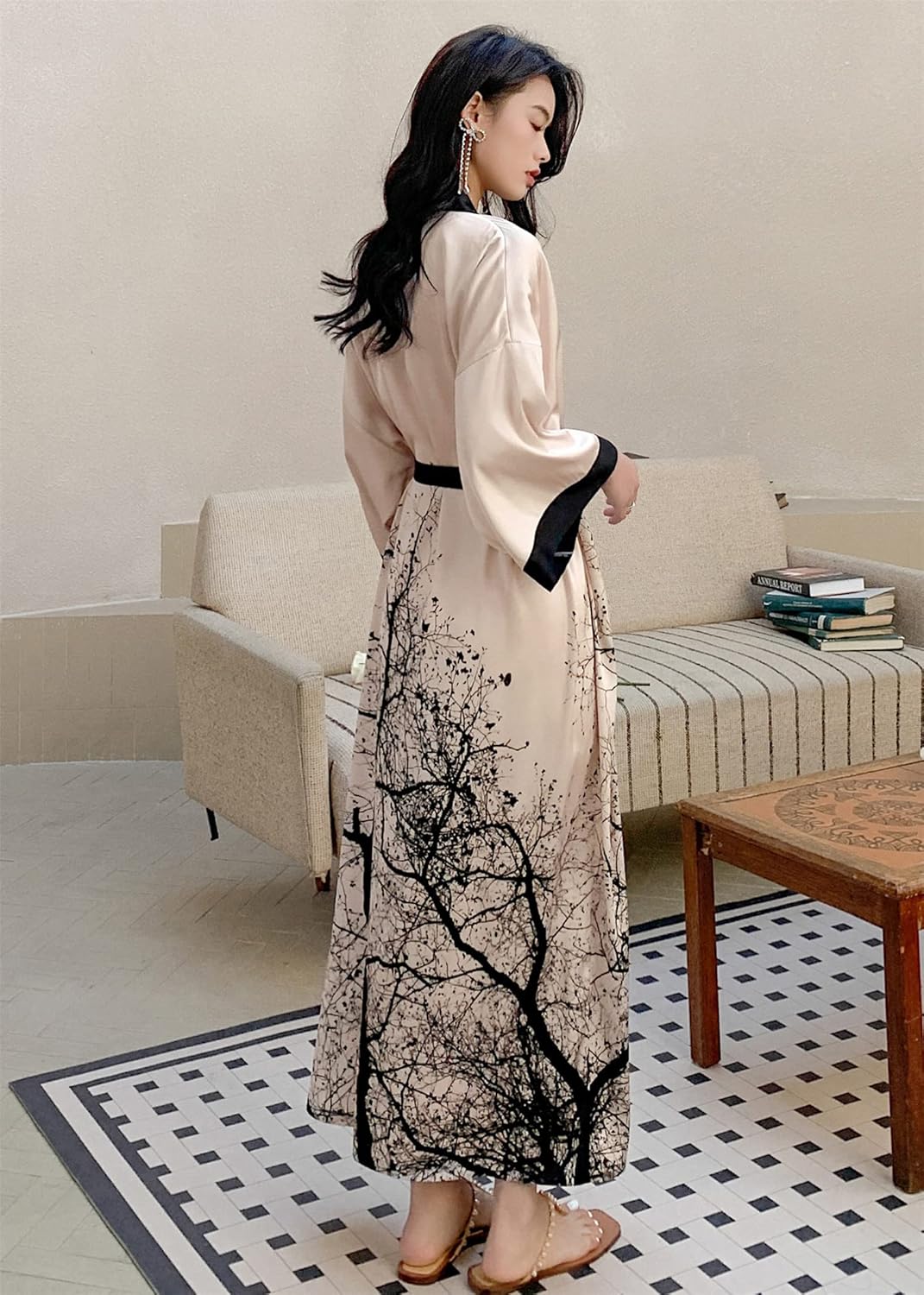 Kihnop Women's Floral Long Kimono Robe Long Satin Robe Long Silk Robe Ladies Kimonos Silky Bathrobe Cover Up, One Size - Image 7