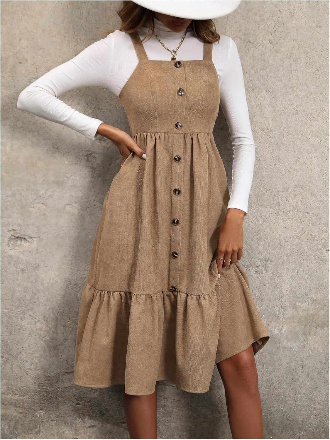 WDIRARA Women's Button Front Sleeveless Ruffle Hem Pinafore Dress Corduroy Jumper Dress - Image 3