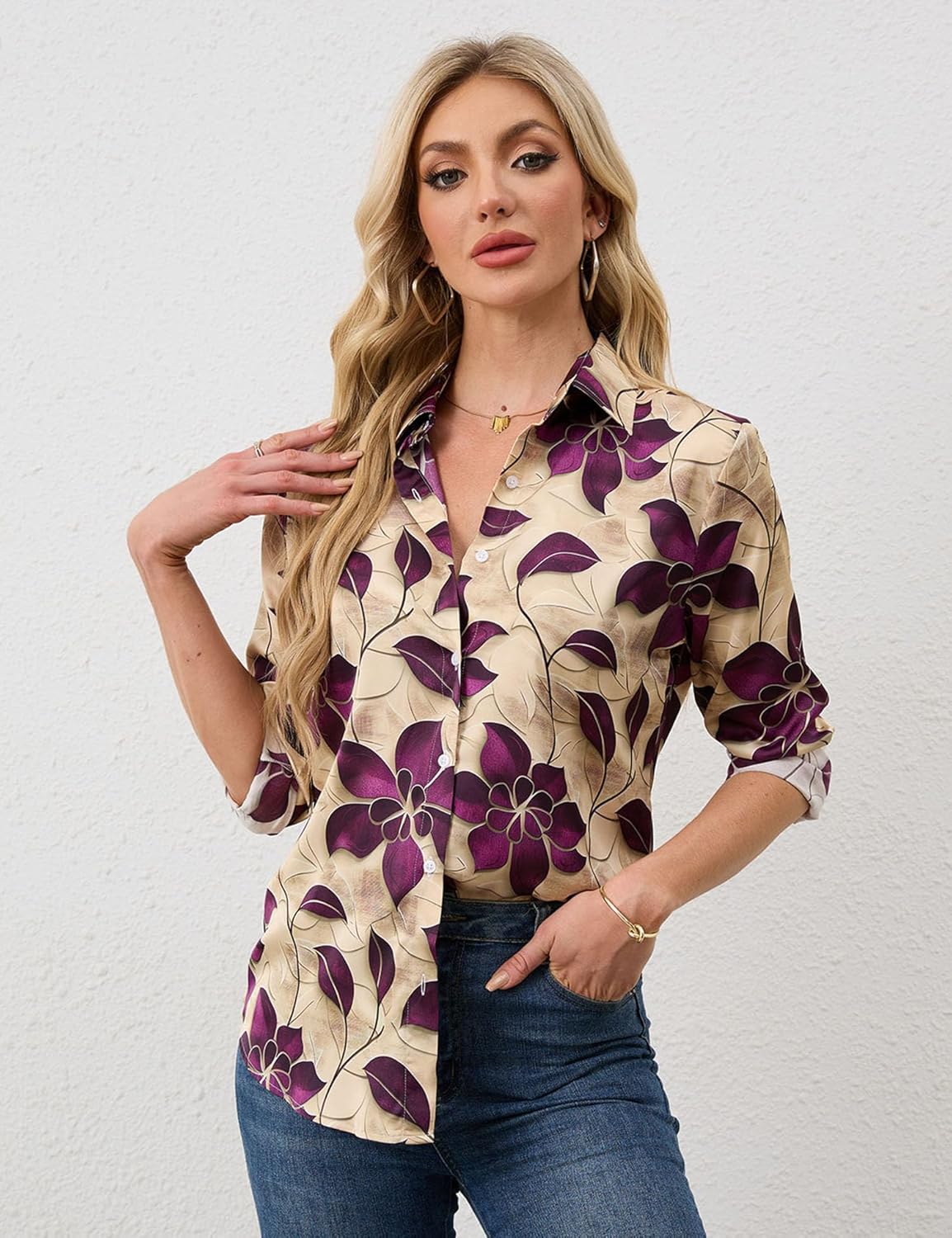 Wrinkle-Resistant Women Silky Button Down Shirts Fashion Printed Dressy Blouse Business Casual Long Sleeve Work Tops - Image 2
