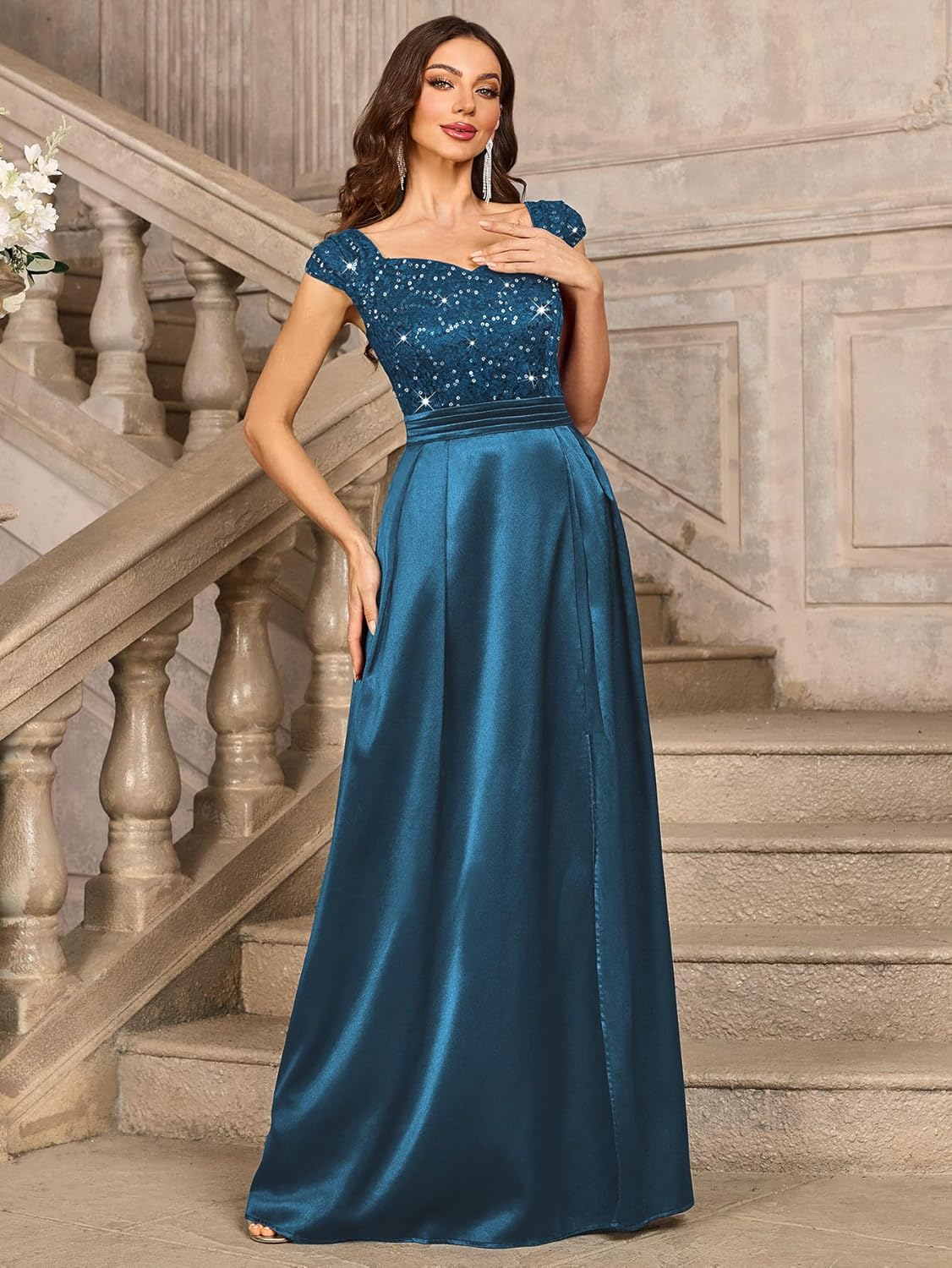 Miusol Women's Elegant V-Neck Sequin Lace Contrast Satin Split Bridesmaid Maxi Dress - Image 5