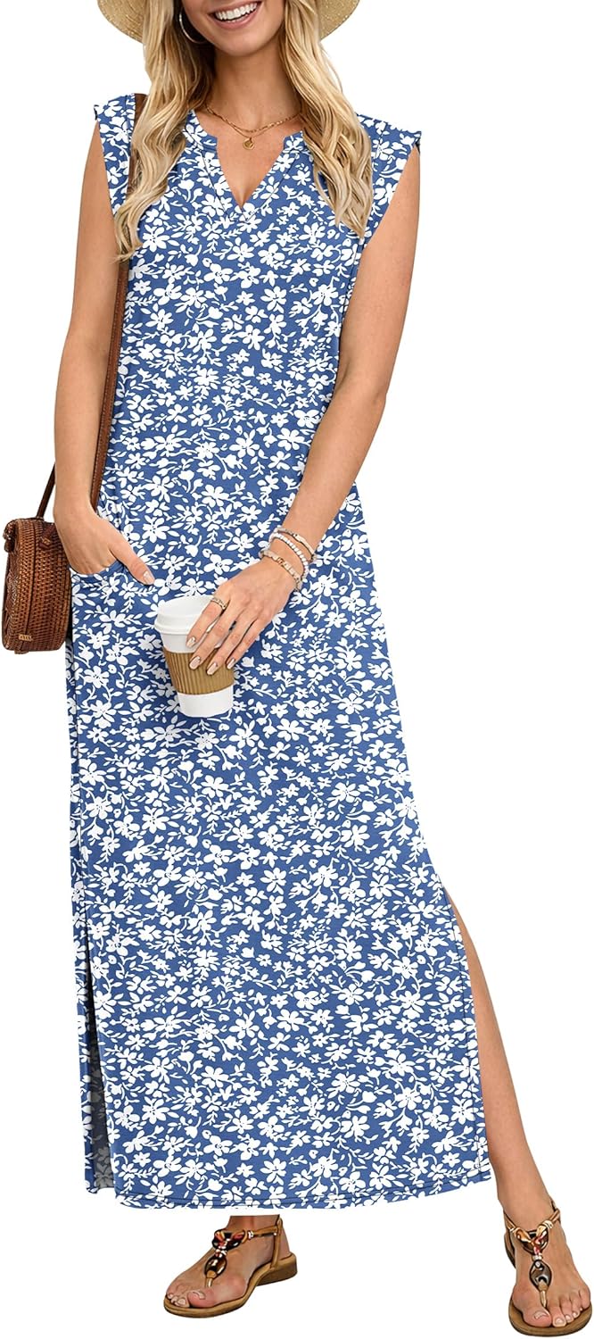 AUSELILY Women's V Neck Maxi Dresses, Straight-Cut Wrinkle-Free, Loose Split Sleeveless Vacation Dress with Pockets 2026