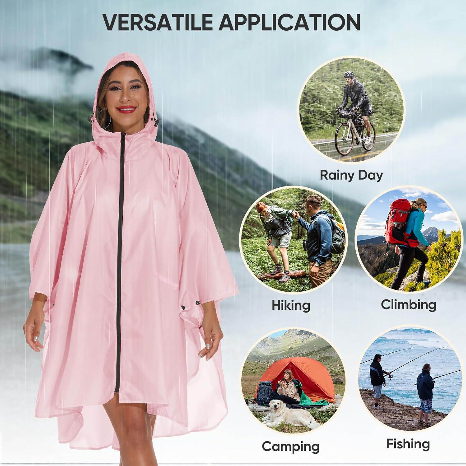 PTEROMY Hooded Rain Poncho for Adult with Pocket and Zipper, Waterproof Lightweight Raincoat for Men and Women - Image 7