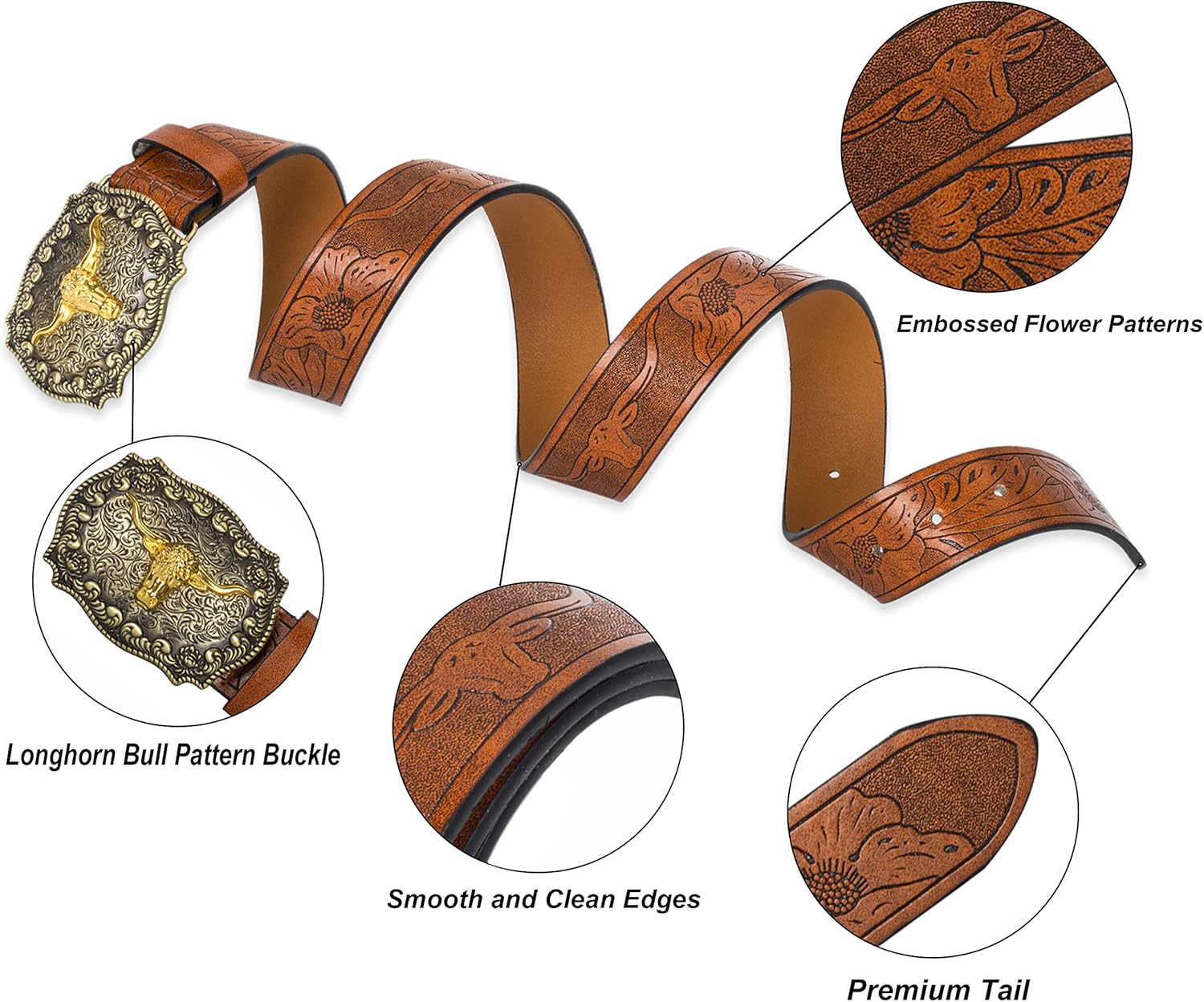 Western-PU-Leather-Belts for Men and Women Cowboy-Cowgirl Longhorn-Bull-Pattern-Engraved-Buckle-Belt for Unisex - Image 3