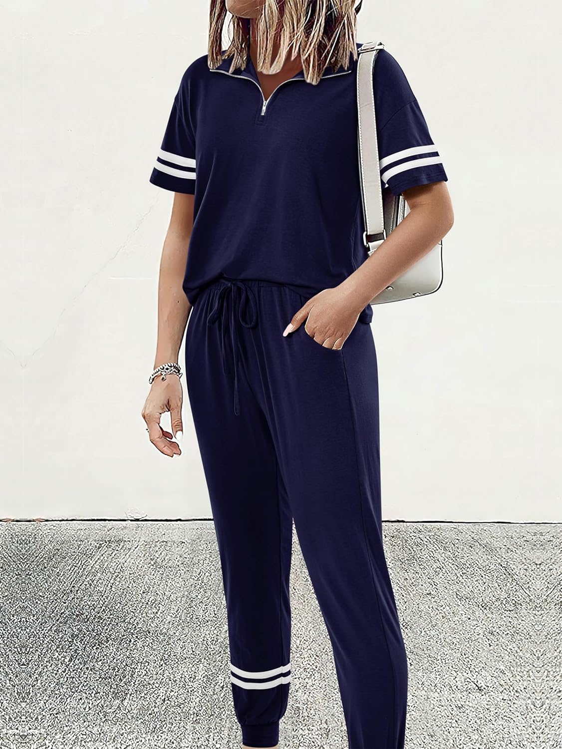 MASCOMODA 2 Piece Outfits for Women 2026 Summer Casual Quarter Zip Short Sleeve Tops Long Pants Tracksuit Jogger Lounge Sets - Image 2