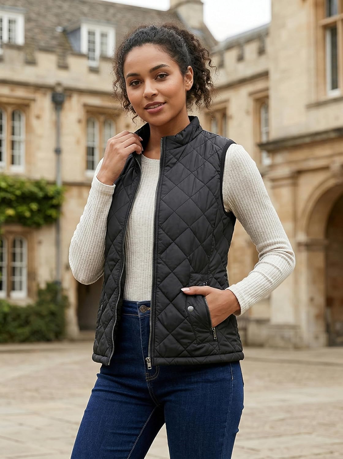 Fuinloth Women's Lightweight Warm Puffer Quilted Vest - 4-Pockets Stand Collar Zip Gilet, Fall Winter Outerwear - Image 2