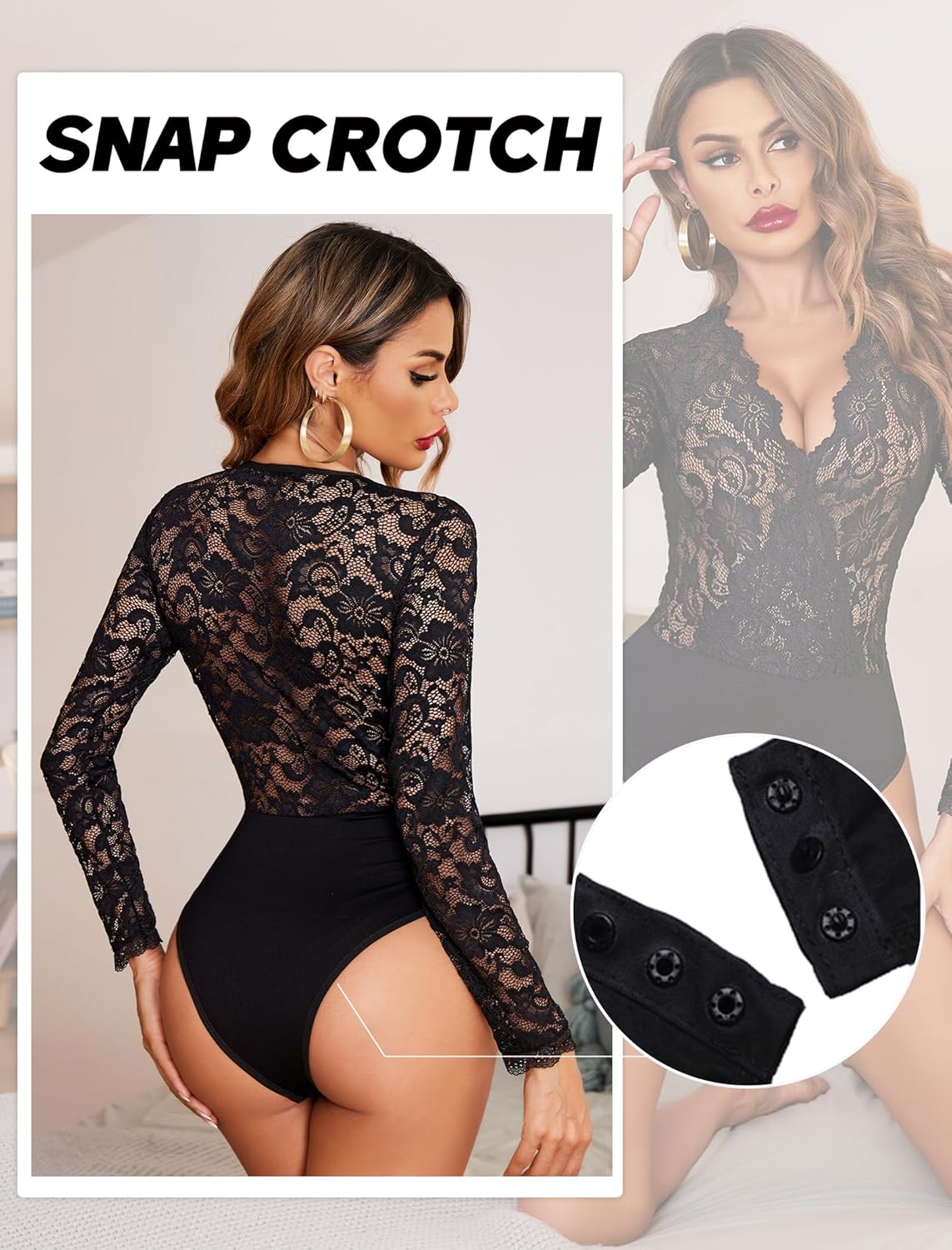 Avidlove Lace Bodysuit for Women Sexy Long Sleeve V Neck Body Suits Going Out Tops Snap Crotch One Piece Teddy Lingerie - Image 5