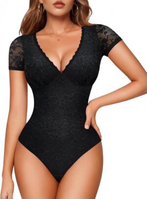 LODAY Lace Bodysuit Short Sleeve Bo...