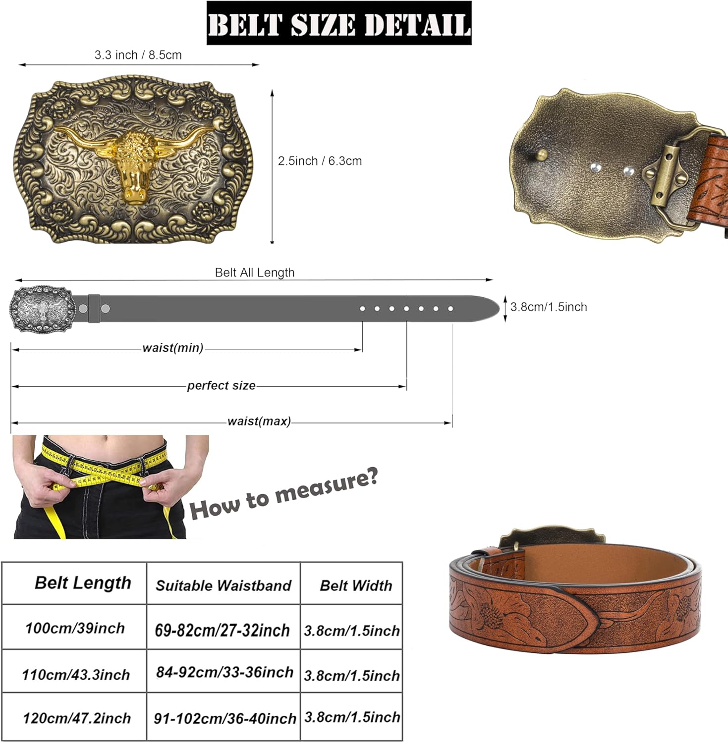 Western-PU-Leather-Belts for Men and Women Cowboy-Cowgirl Longhorn-Bull-Pattern-Engraved-Buckle-Belt for Unisex - Image 2