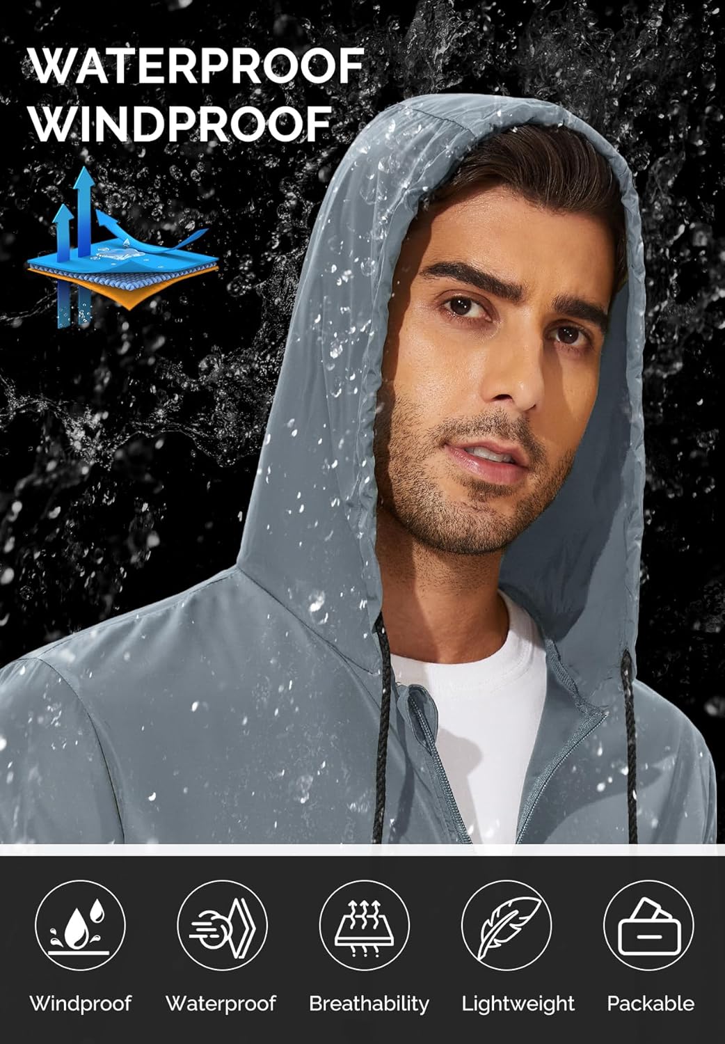 Zando Packable Mens Rain Jacket Lightweight Raincoat Waterproof with Hood Outdoor Windbreaker Jacket Travel Rain Jackets - Image 5