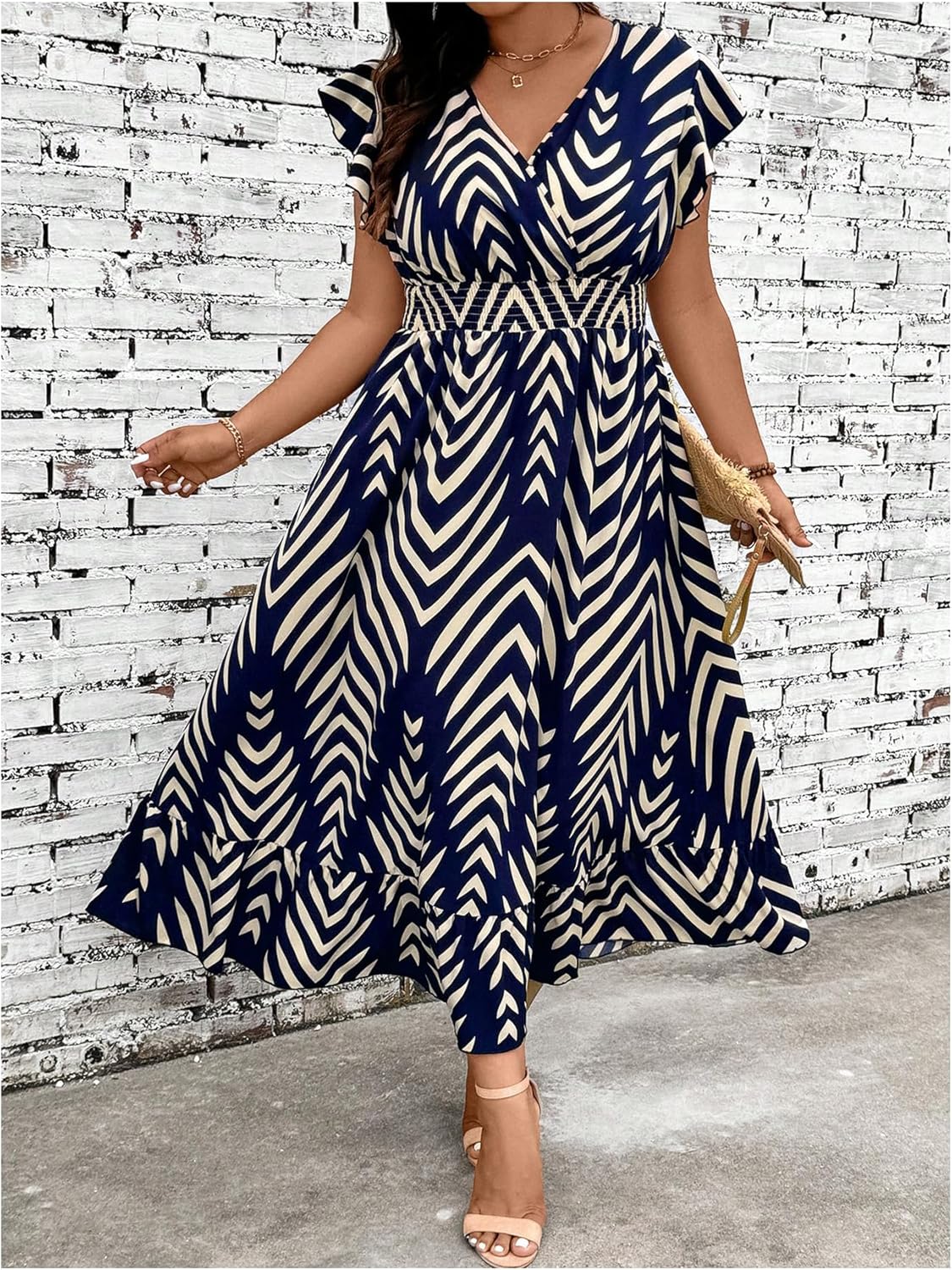 Floerns Women's Plus Size Chevron Striped Wrap V Neck Long Dress Cap Sleeve Ruffle Hem A Line Dresses - Image 2