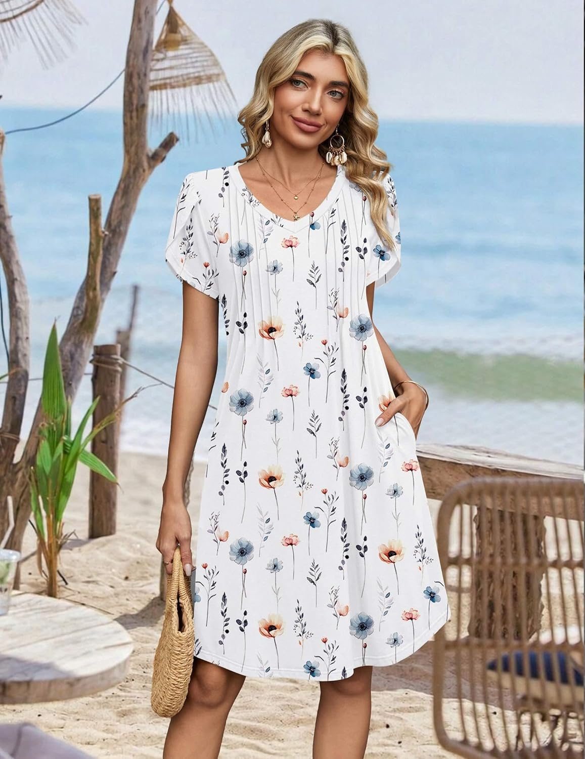 Zeagoo Summer Dresses for Women Casual A Line Dress 2026 V Neck Short Dresses Floral Sundress Pleated Boho Dress - Image 5