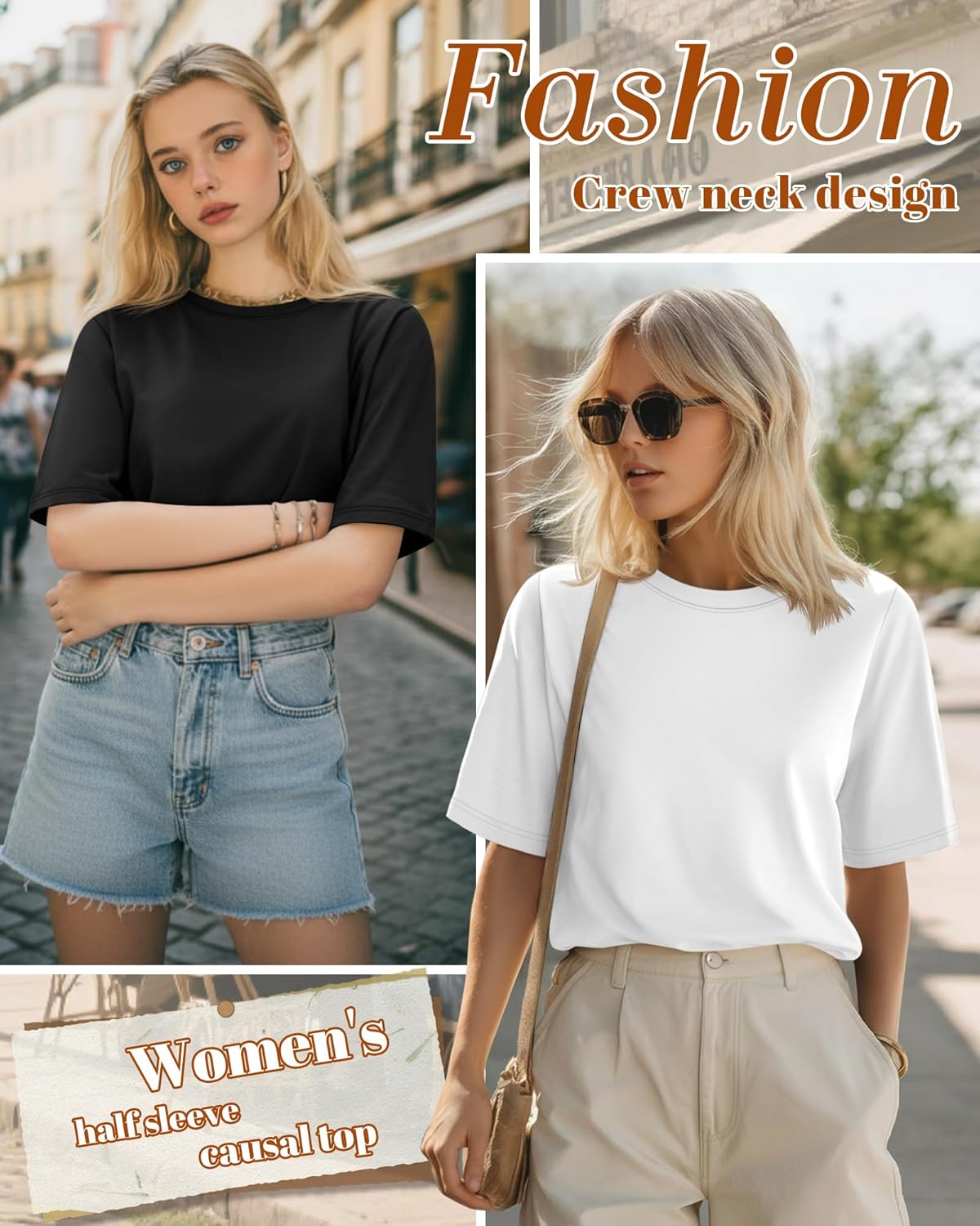 Huukeay 3 Pack Women's Half Sleeve T-Shirts, Crew Neck Elbow Length Tops Loose Casual Basic Tees Summer Tunic Tops - Image 4