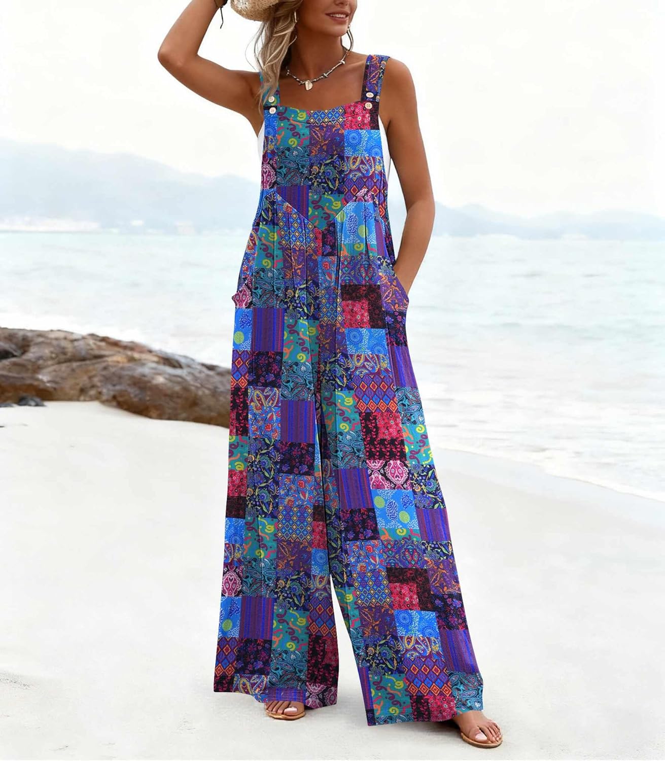 Ekouaer Women's Casual Overalls Loose Wide Leg Jumpsuits Summer Boho Floral Printed Baggy Rompers with Pockets - Image 2