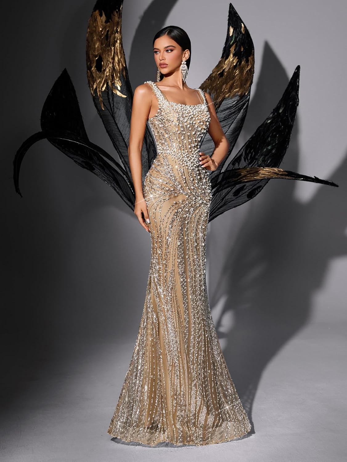 Women's Square Neck Sequin Beaded Mermaid Formal Evening Dress Spaghetti Strap Bodycon Prom Party Cocktail Maxi Gown - Image 4