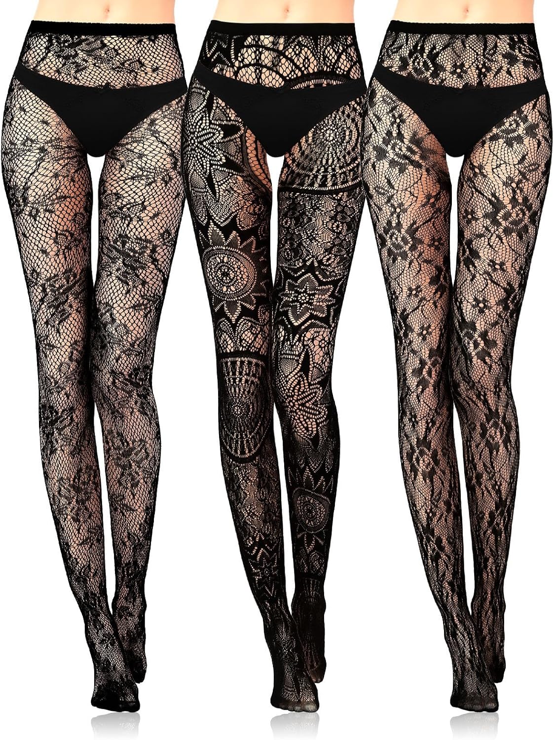 3 Pairs Black Stars Floral Tight Legging Lace Patterned Fishnet Tights Small Hole High Pantyhose Waist for Halloween