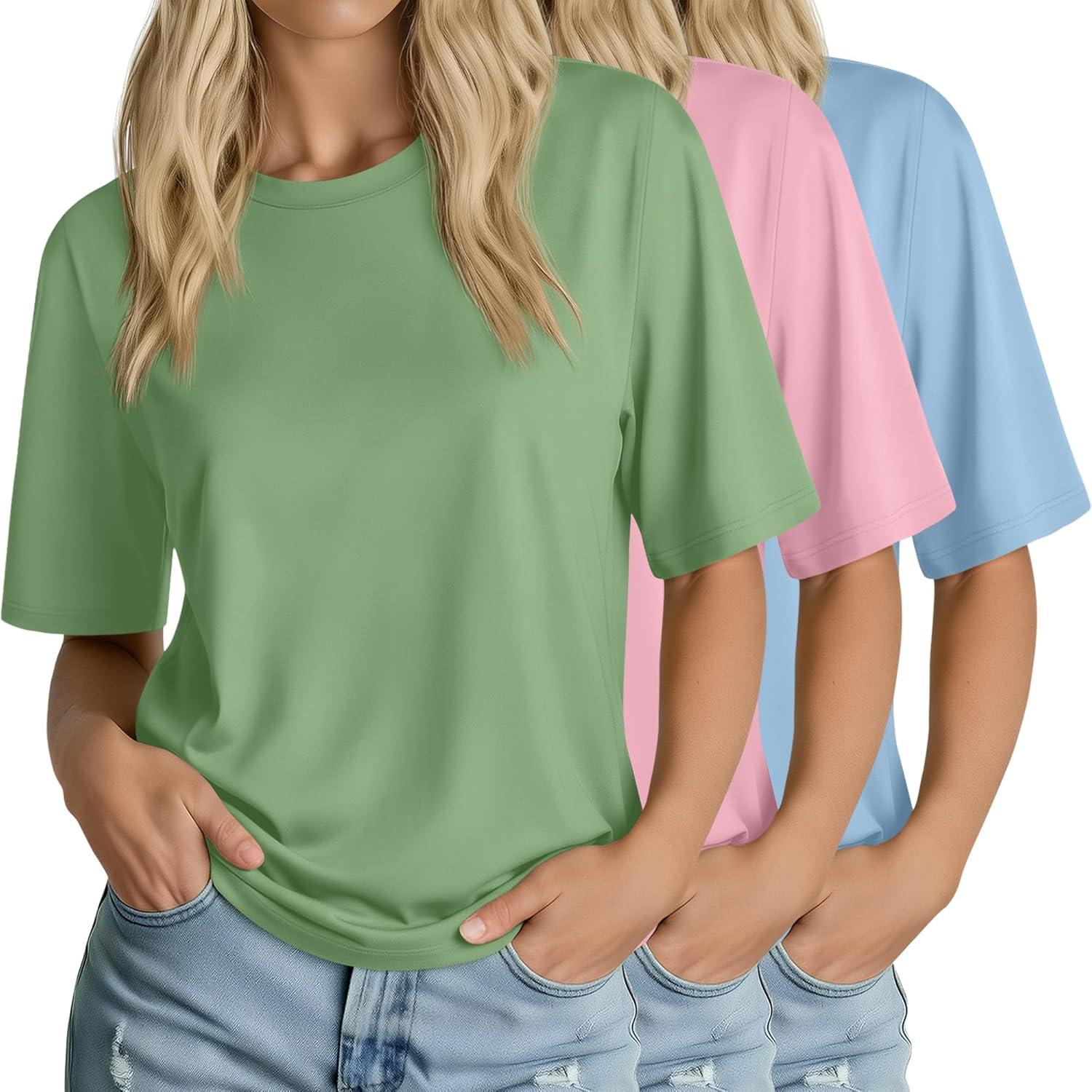 Huukeay 3 Pack Women's Half Sleeve T-Shirts, Crew Neck Elbow Length Tops Loose Casual Basic Tees Summer Tunic Tops