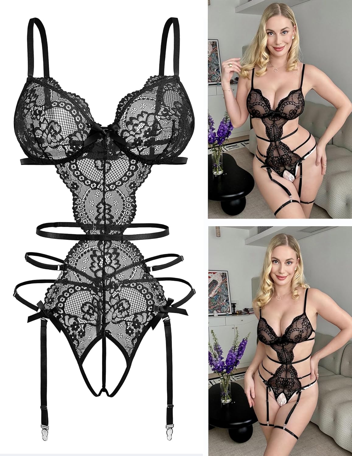 Avidlove Women's Deep V Teddy Lingerie Sexy Lace Bodysuit Cut Out Garter Lingerie Sets - Image 5