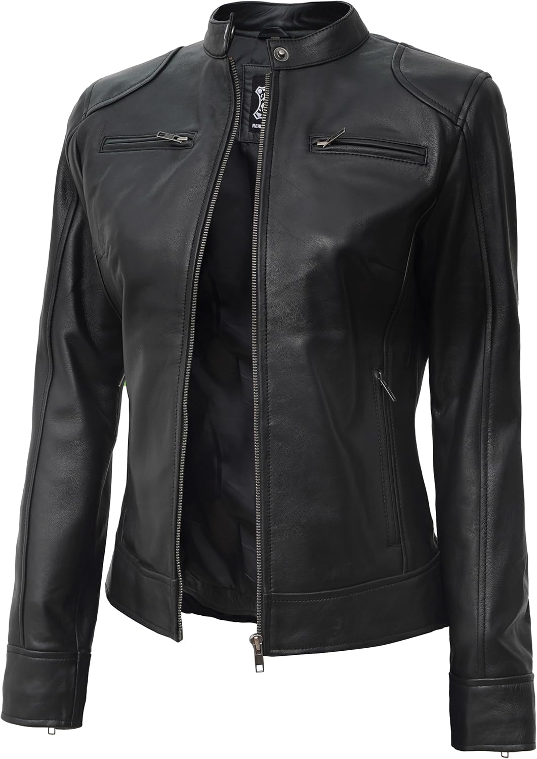 Blingsoul Womens Real Leather Jacket - Cafe Racer Style Leather Jacket Womens with Snap-Tab Collar