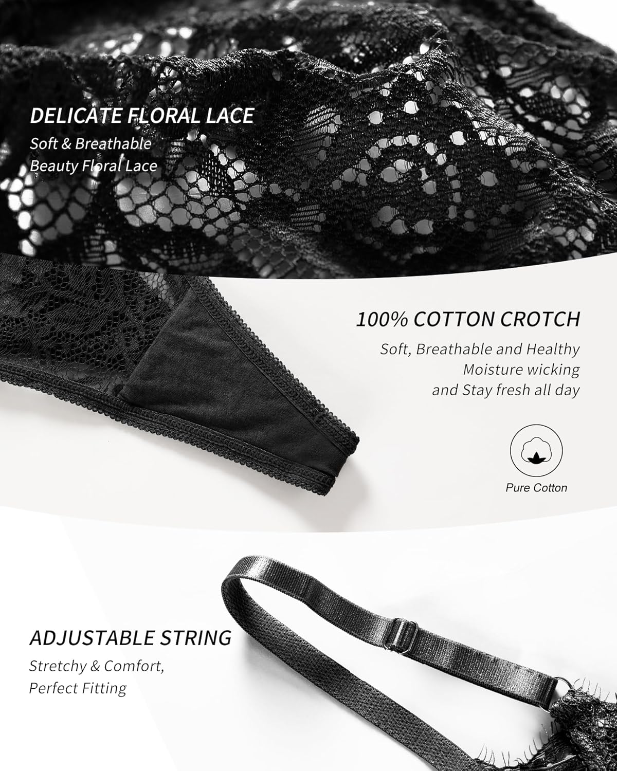 SHARICCA Lace G-String Thongs for Women Adjustable Sexy Low Rise Underwear Breathable T-back Thongs Panties 3 Pack - Image 5