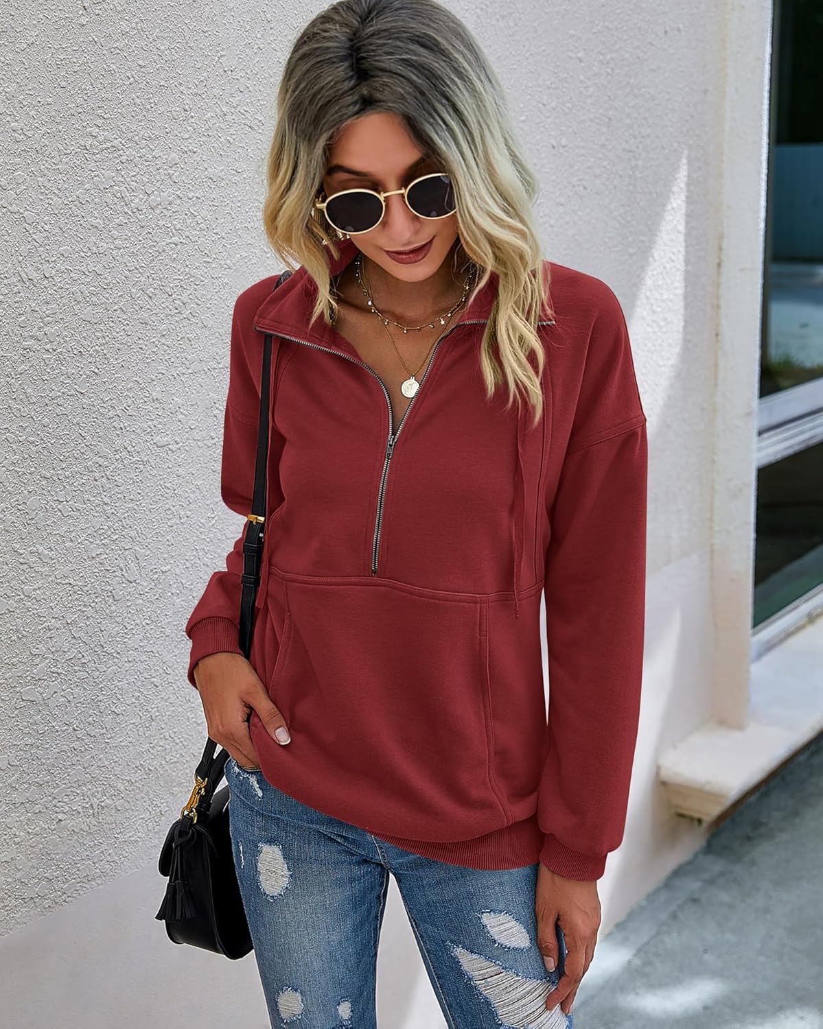 PRETTYGARDEN Women's Casual Long Sleeve Lapel Zipper Sweatshirt Drawstring Loose Pullover Tops - Image 4