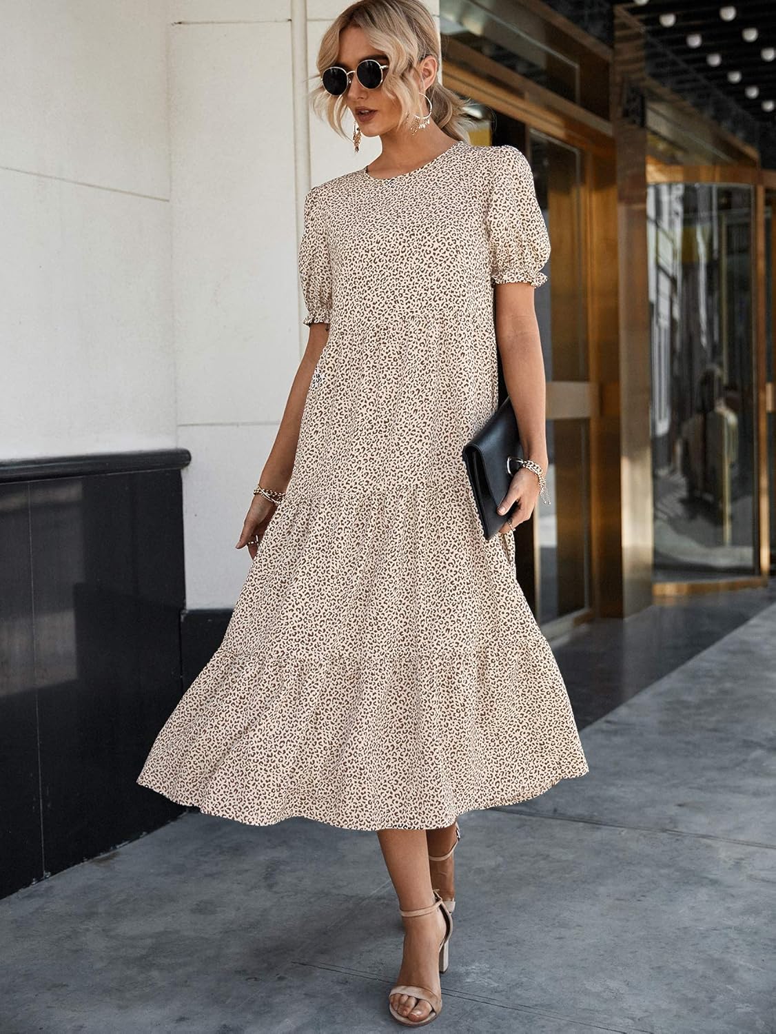 PRETTYGARDEN Summer Dresses for Women 2026 Casual Floral Boho Midi Sun Dress Puff Short Sleeve Flowy Beach Vacation Sundress - Image 2