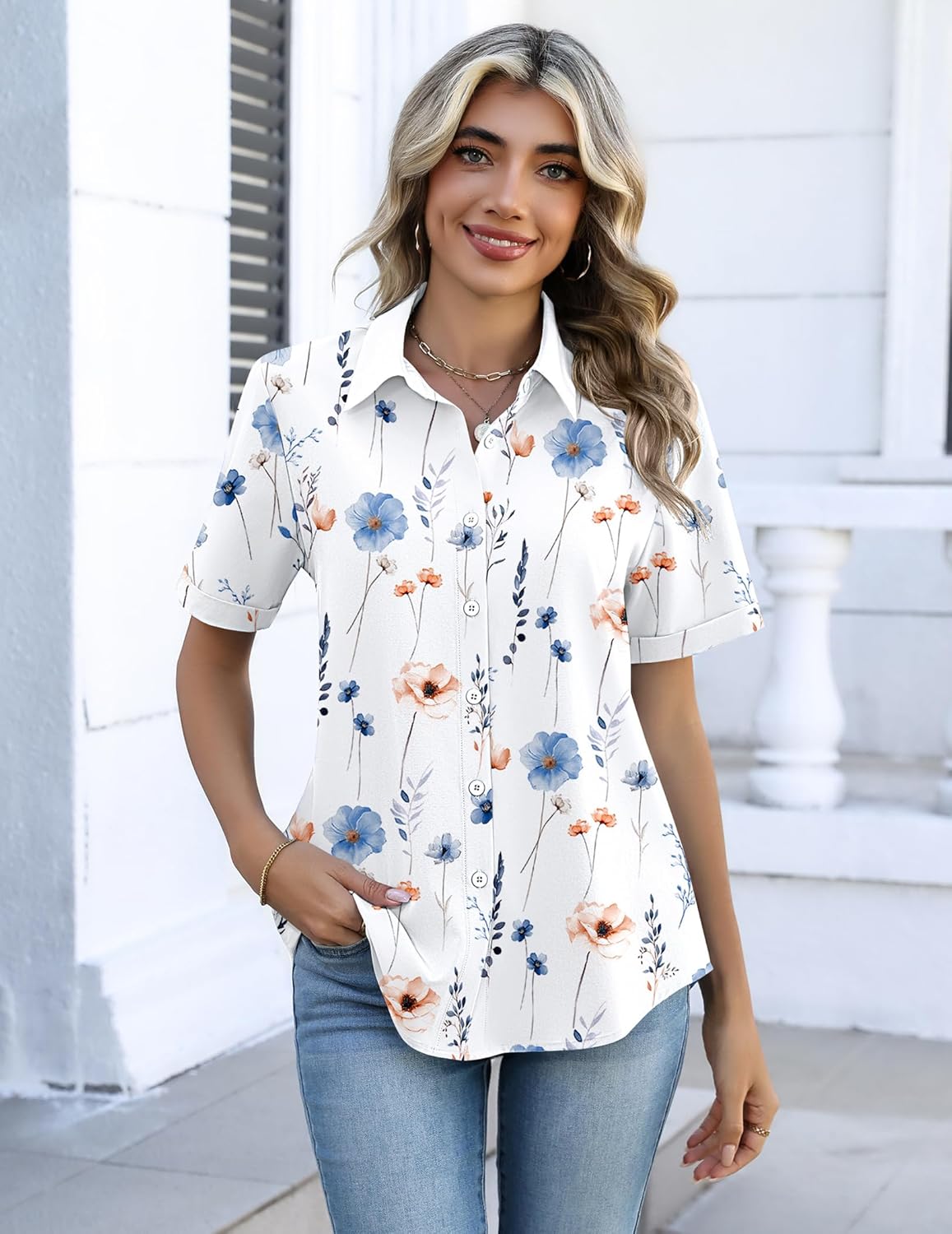 Zeagoo Button Down Shirts for Women Short Sleeve Collared Tops Dressy Casual V Neck Blouses - Image 5