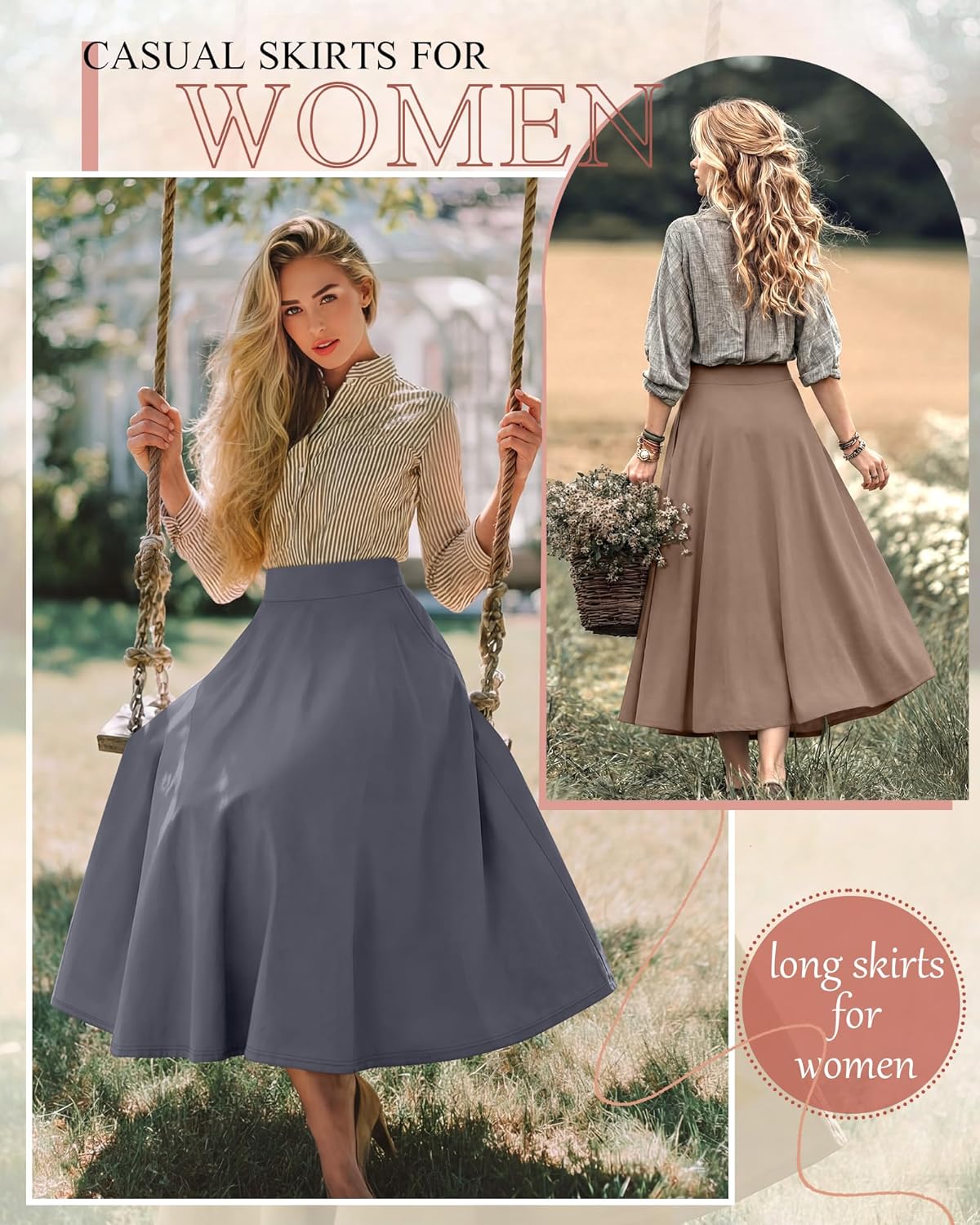 Ficerd 3 Pack Women's Maxi Long Skirts with Pockets, A Line Ankle Length High Waisted Flowy Soft Summer Casual Skirts - Image 3