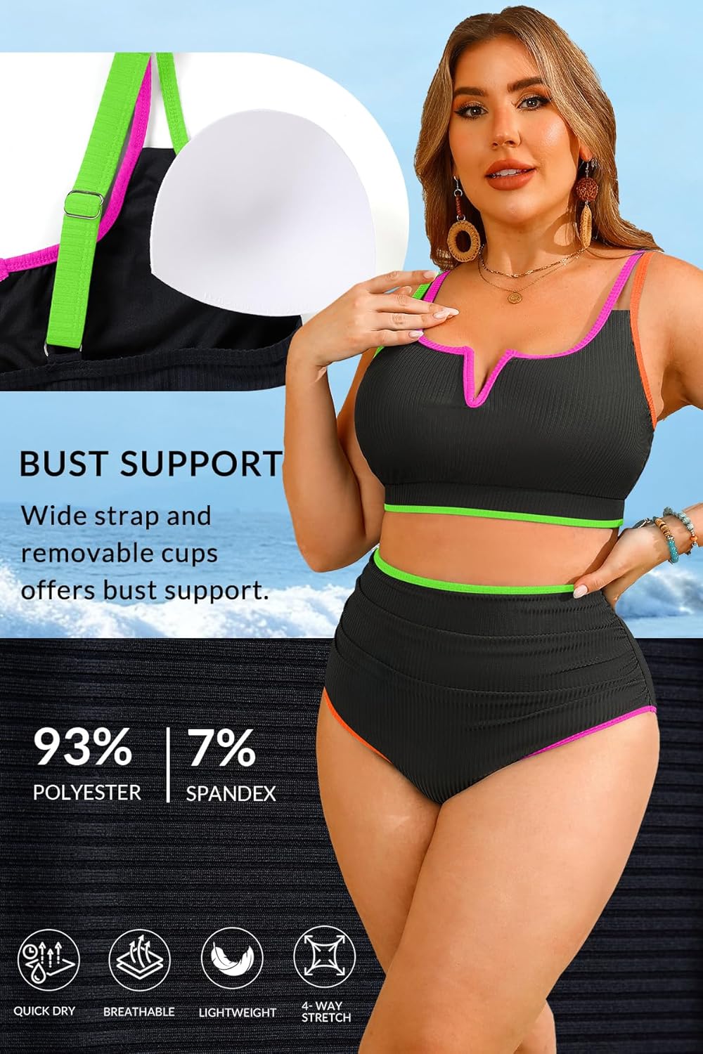 Yonique Women Plus Size High Waisted Bikini - Ribbed Two Piece Swimsuit Tummy Control Bathing Suit V-Wired 2026 Swimwear - Image 4