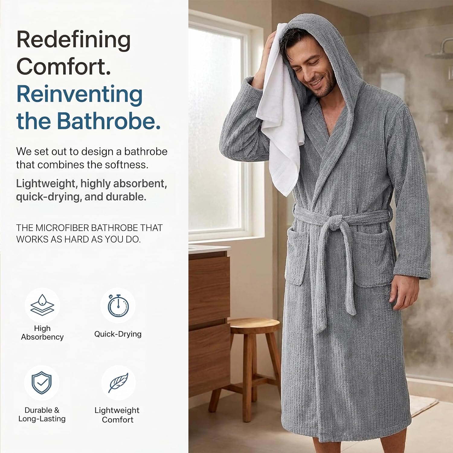 PJGGZ Men's Bathrobes with Hood, Soft Long Towel Robe for Men - Super Absorbent Quick Dry yet Warm - Image 2