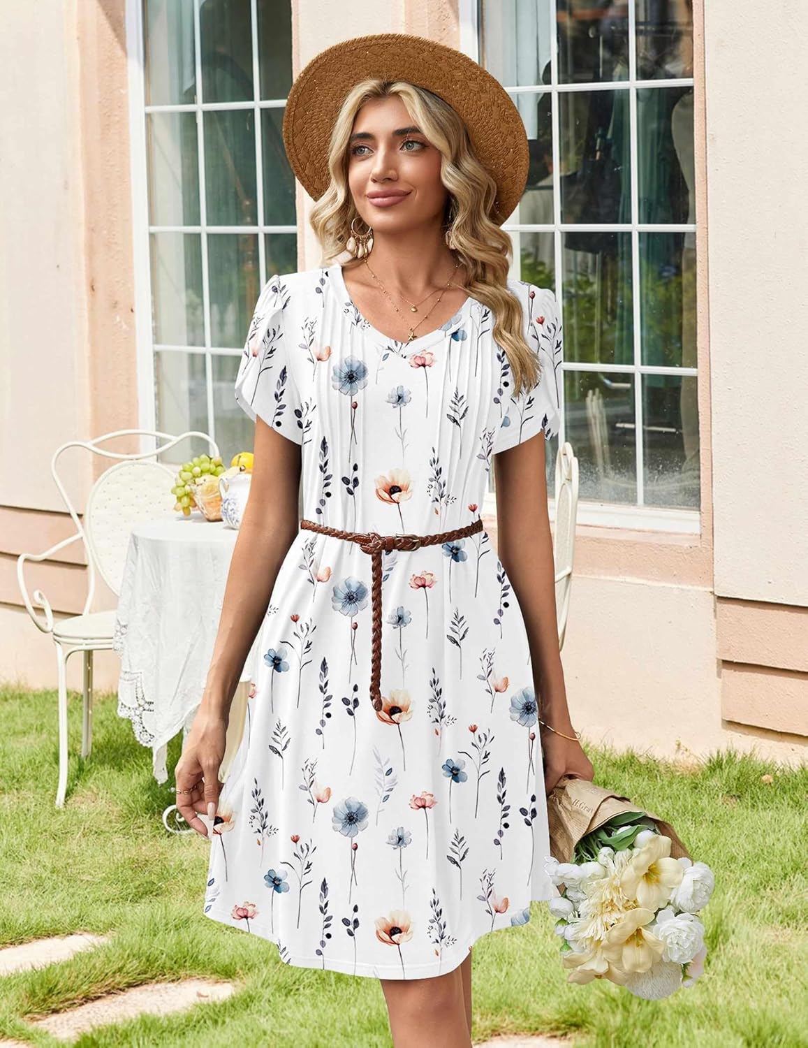 Zeagoo Summer Dresses for Women Casual A Line Dress 2026 V Neck Short Dresses Floral Sundress Pleated Boho Dress - Image 4
