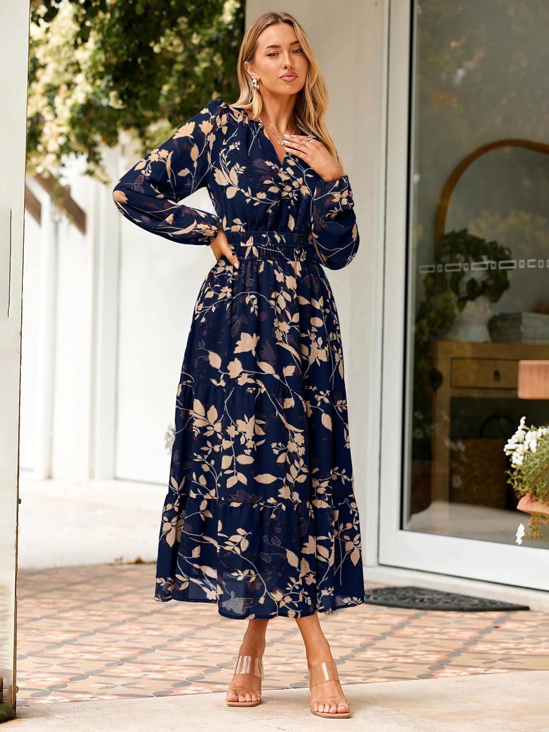 Simplee Women's Floral Boho Long Sleeve Maxi Dress V Neck Empire Waist Swing Flowy Wedding Guest Dress - Image 4
