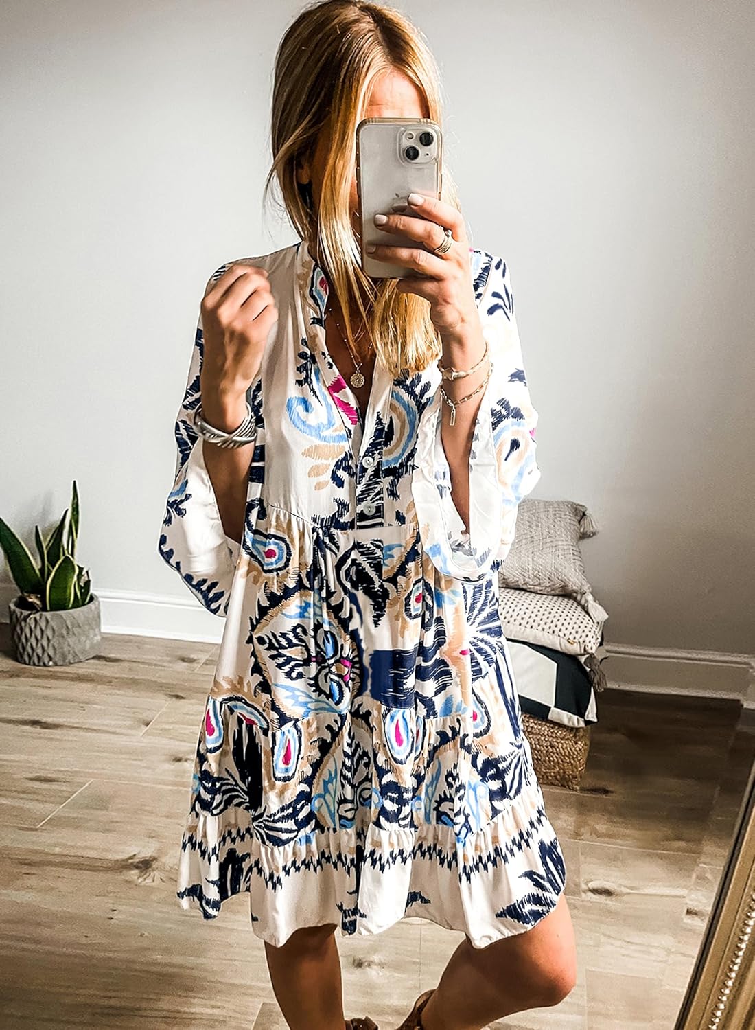 miduo Womens Summer Dress Casual V Neck Buttoned 3/4 Sleeve Bohemian Tribal Print Flowy Mini Dresses - Image 2