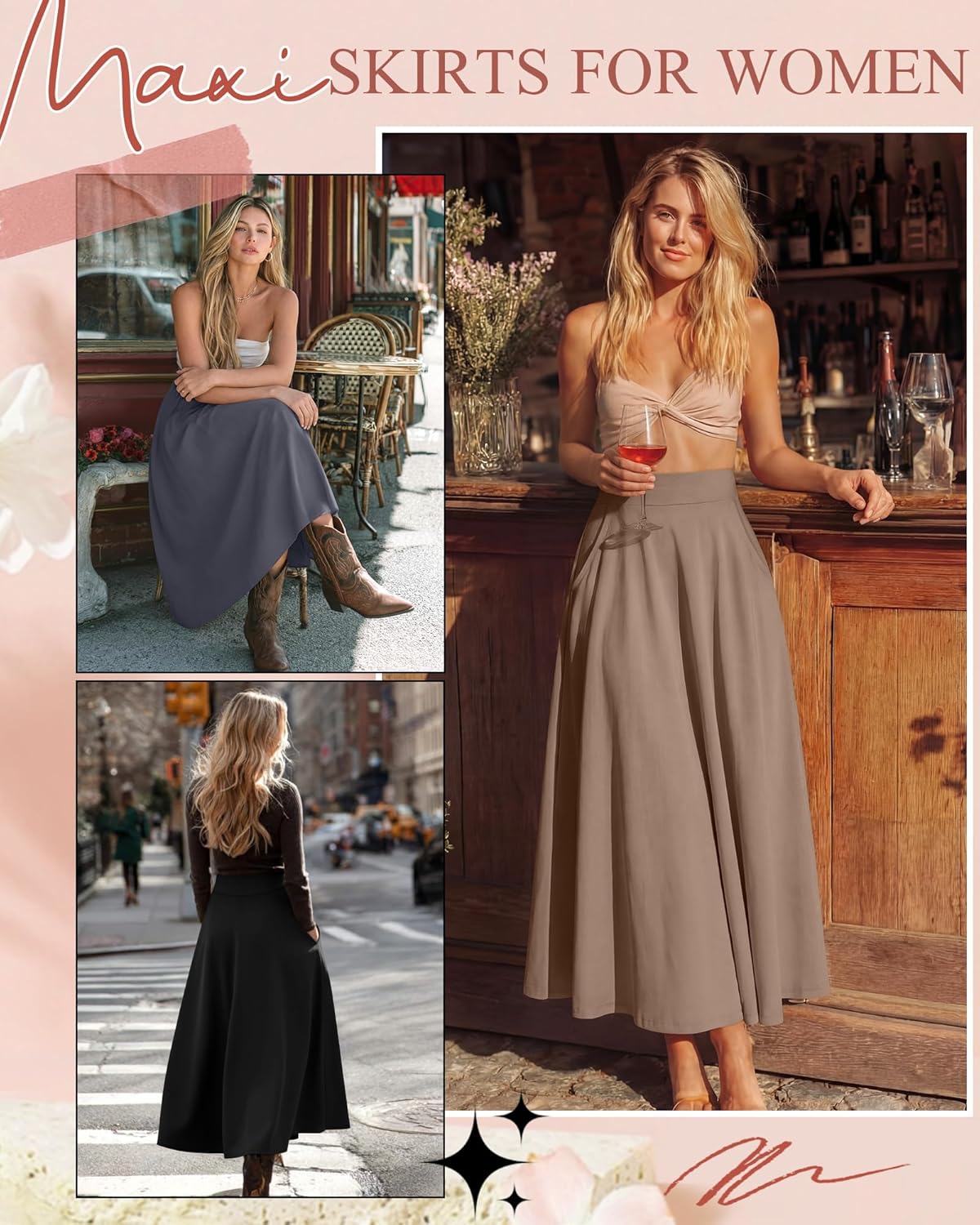 Ficerd 3 Pack Women's Maxi Long Skirts with Pockets, A Line Ankle Length High Waisted Flowy Soft Summer Casual Skirts - Image 2
