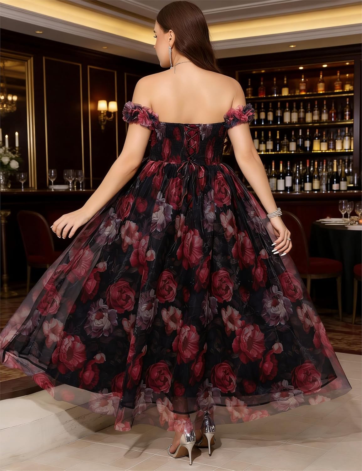 Women's Plus Size Formal Party Cocktail Dress, Wedding Guest Evening Gown with Slit - Off Shoulder Floral Tulle Maxi Dress - Image 6