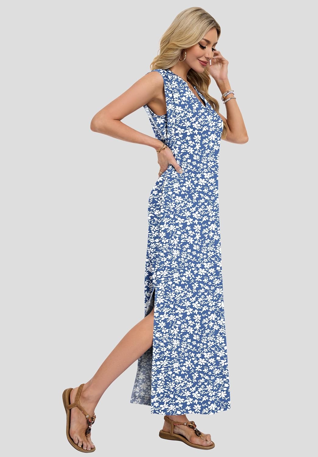 AUSELILY Women's V Neck Maxi Dresses, Straight-Cut Wrinkle-Free, Loose Split Sleeveless Vacation Dress with Pockets 2026 - Image 4