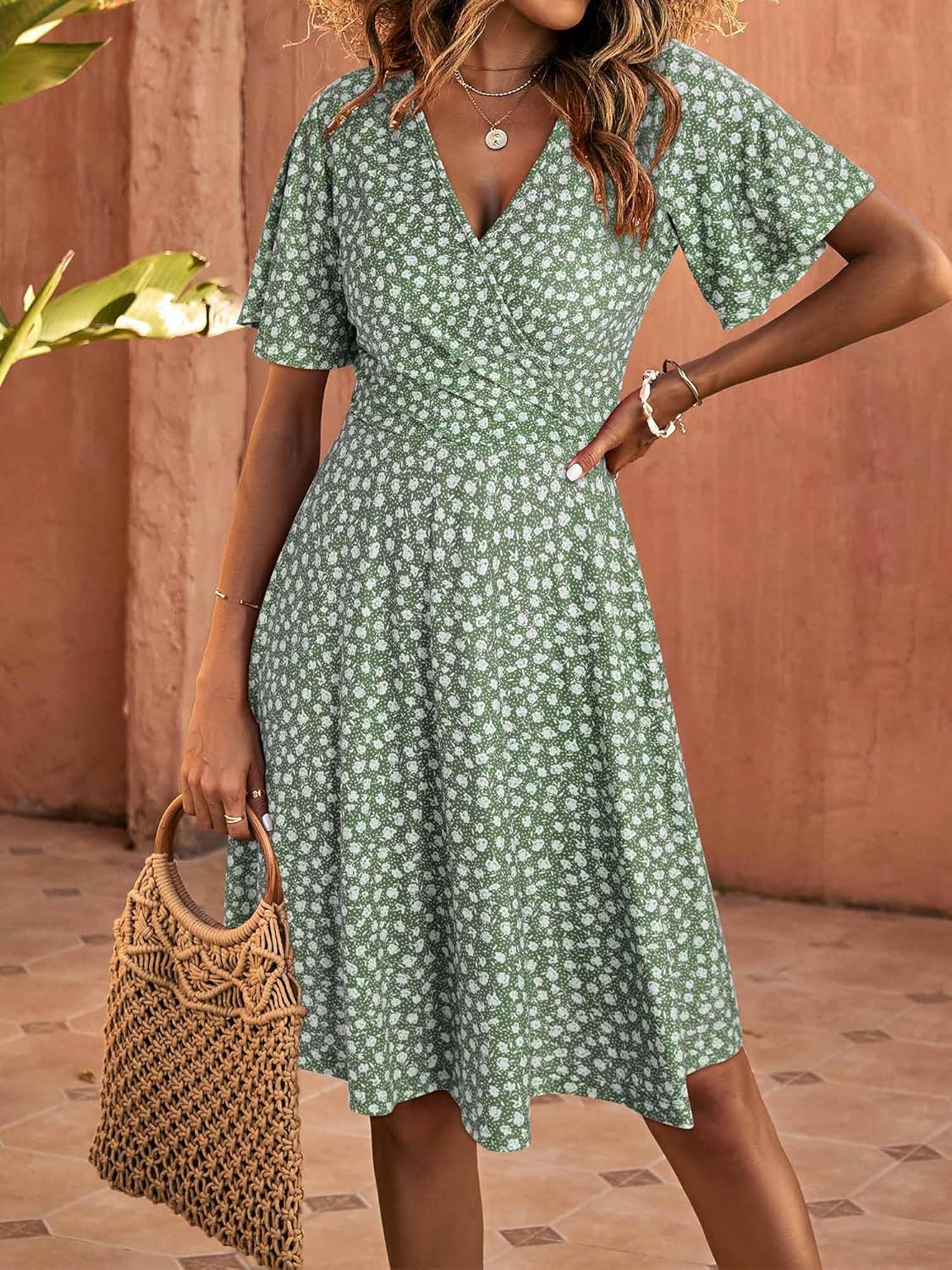 FENSACE Womens Sundress Summer Floral Short Sleeve Wrap V Neck A-Line Midi Dress - Image 3