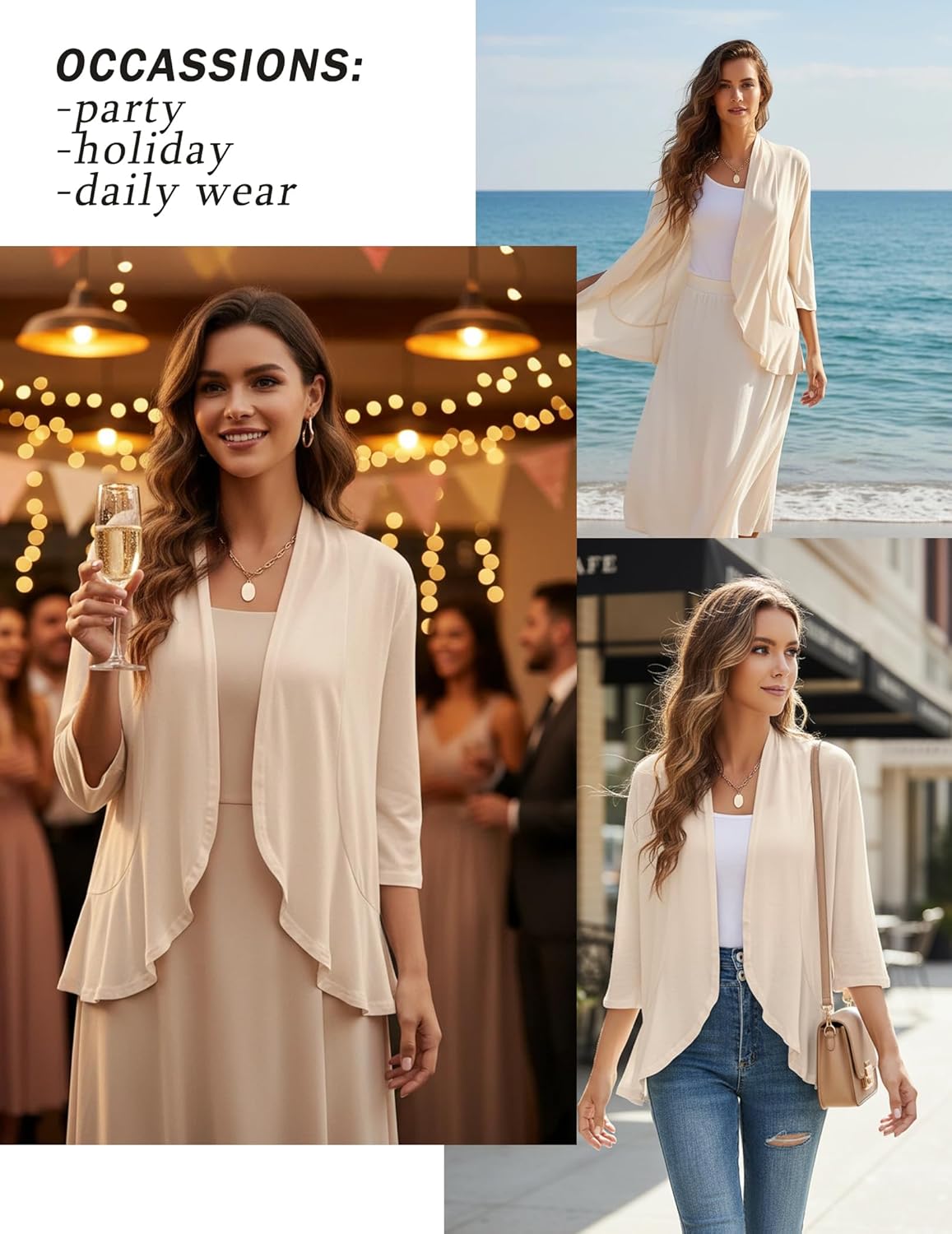 Yekaty Women Cardigan 3/4 Sleeves Open Front Lightweight Cardigan Draped Ruffles Knit Cardigan - Image 3