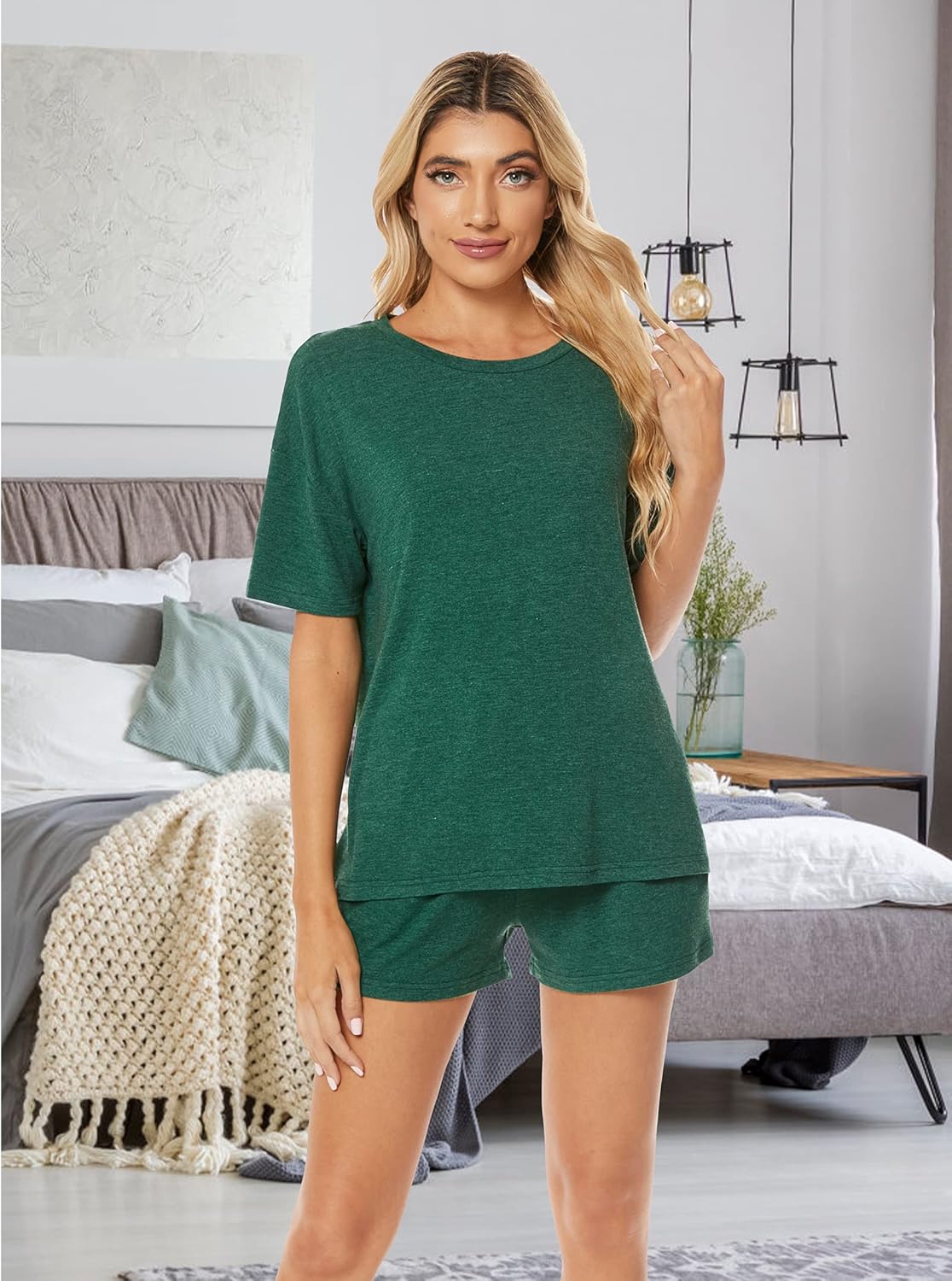 LOCUBE Women's Pajama Set Soft Comfy 2-Piece Short Sleeve Lounge Sleepwear with Drawstring Shorts and Pockets - Image 3