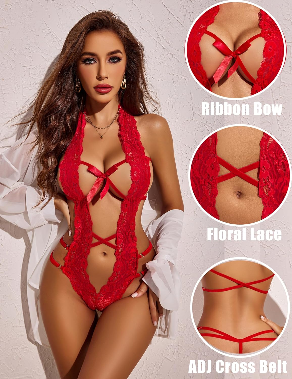 Avidlove Women Deep V Halter Lingerie Teddy One Piece Bodysuit Lace Babydoll - Image 5