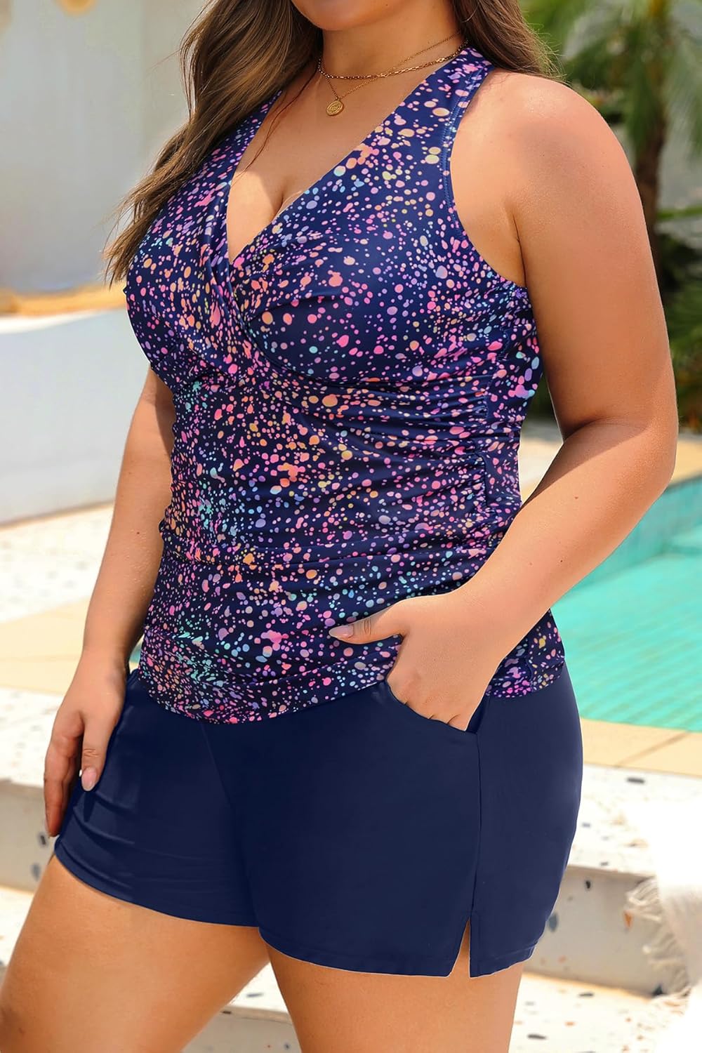 Daci Plus Size Tankini Swimsuit for Women - Two Piece Tummy Control Bathing Suit Tankini Top with Two Pockets Shorts - Image 3