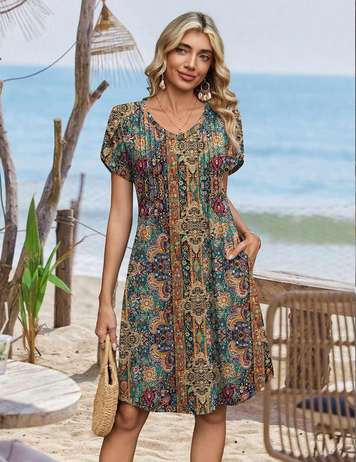 Zeagoo Summer Dresses for Women Casual A Line Dress 2026 V Neck Short Dresses Floral Sundress Pleated Boho Dress - Image 5