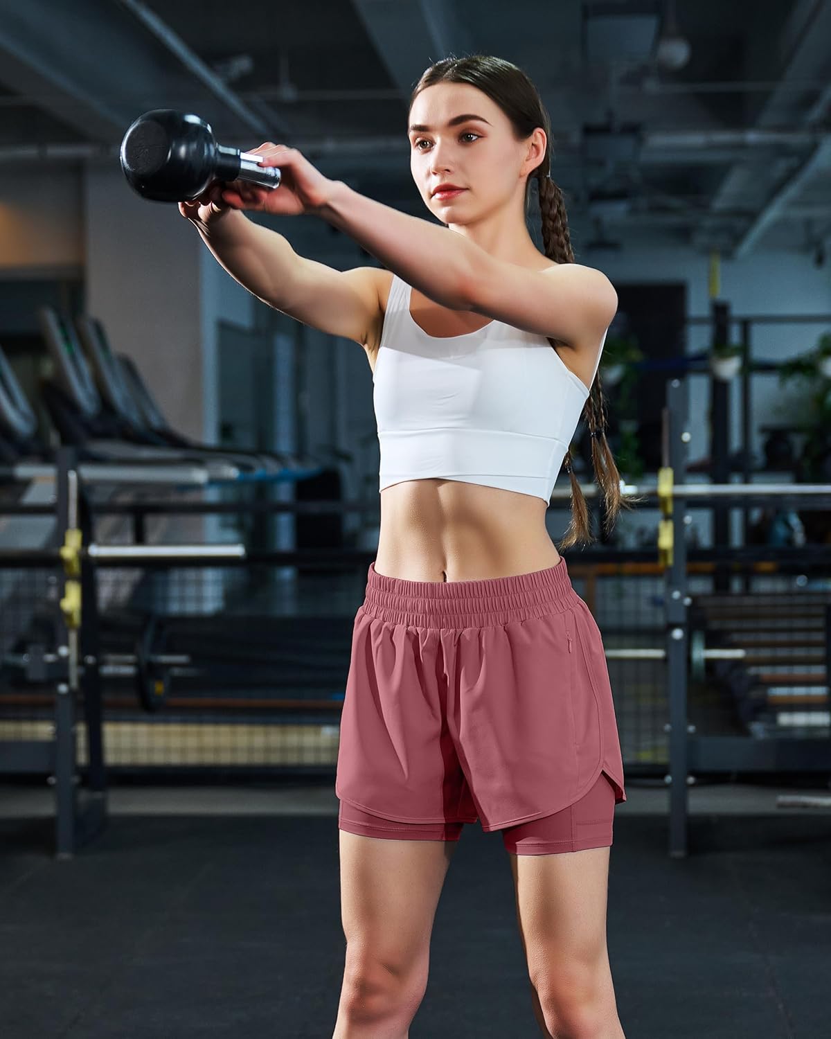 Ksmien Women's 2 in 1 Running Shorts Quick Dry Athletic Gym Workout Shorts with Liner Phone Pockets - Image 3