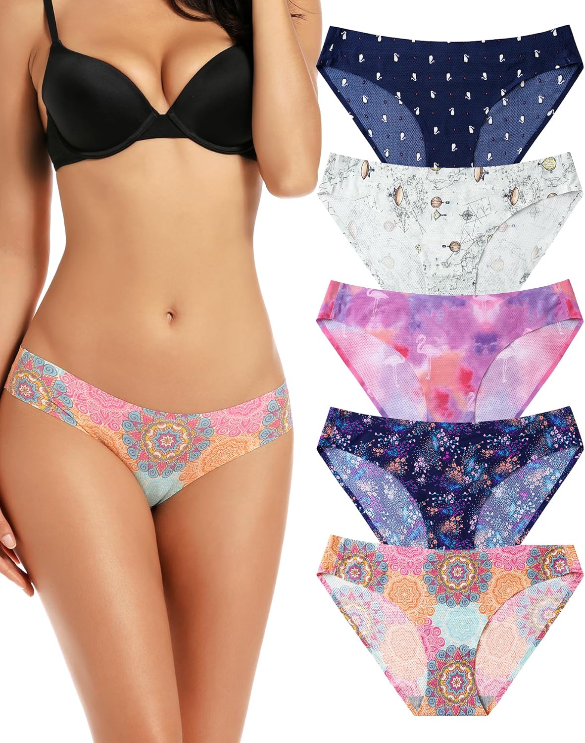 voenxe Women Bikini Underwear,Seamless Breathable Ladies Panties,No Show Comfortable Briefs Undies,Invisible Hipster,5-Pack