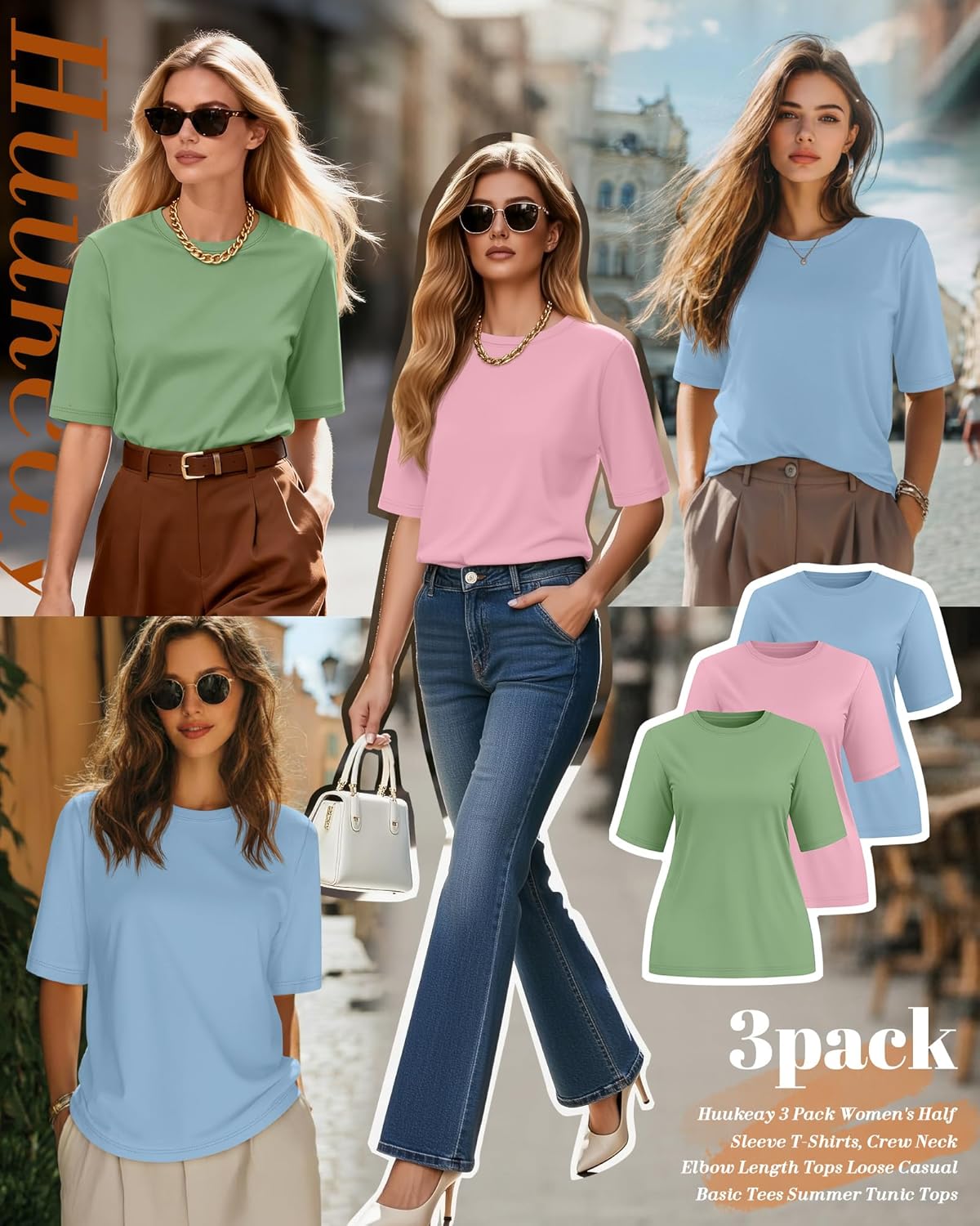 Huukeay 3 Pack Women's Half Sleeve T-Shirts, Crew Neck Elbow Length Tops Loose Casual Basic Tees Summer Tunic Tops - Image 3