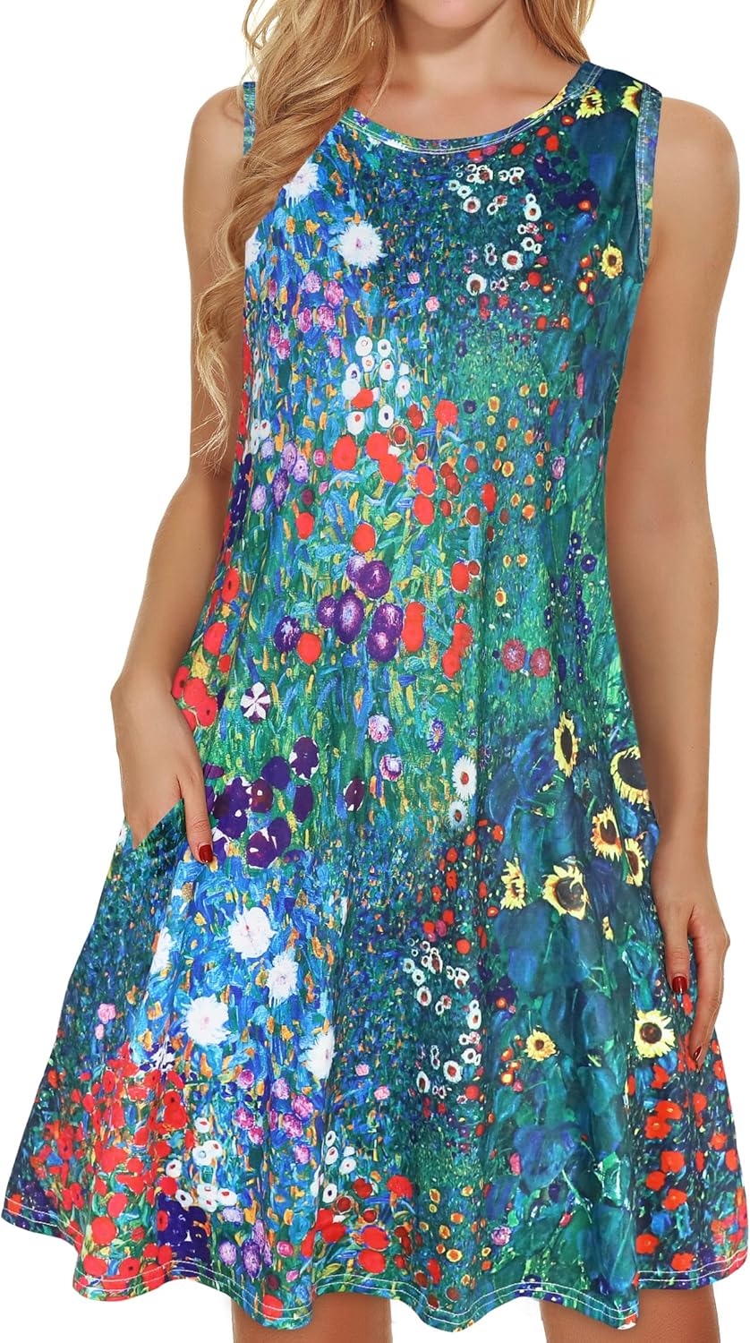 elescat Women's Summer Dresses 2026 Beach Casual Sleeveless Floral Print Tank Loose Sundress with Pocket