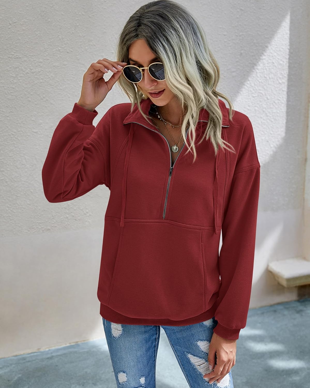 PRETTYGARDEN Women's Casual Long Sleeve Lapel Zipper Sweatshirt Drawstring Loose Pullover Tops - Image 3